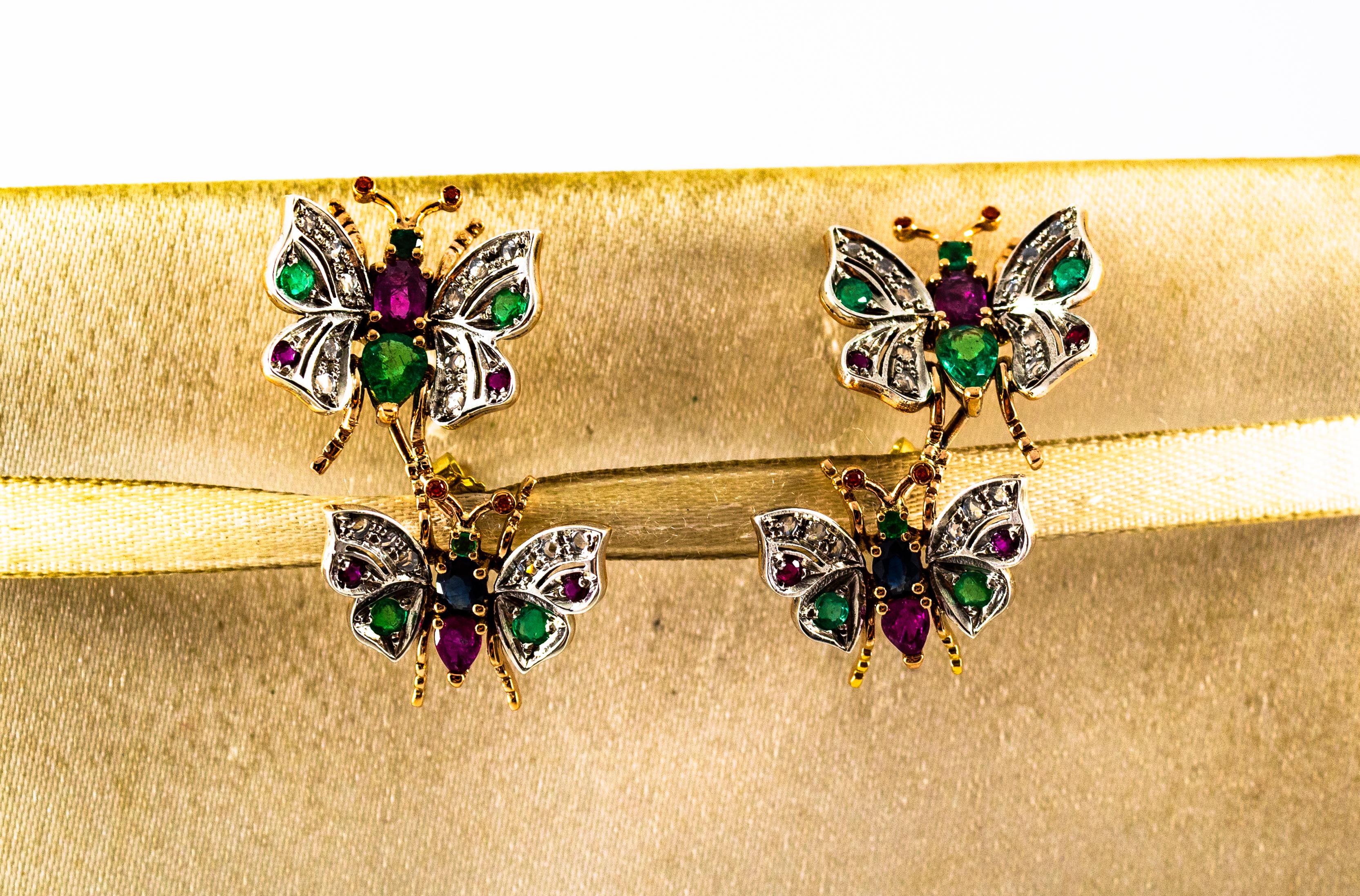 da uomo o donna Orecchini in stile Art Nouveau con diamante bianco, smeraldo, rubino e zaffiro in oro giallo in vendita