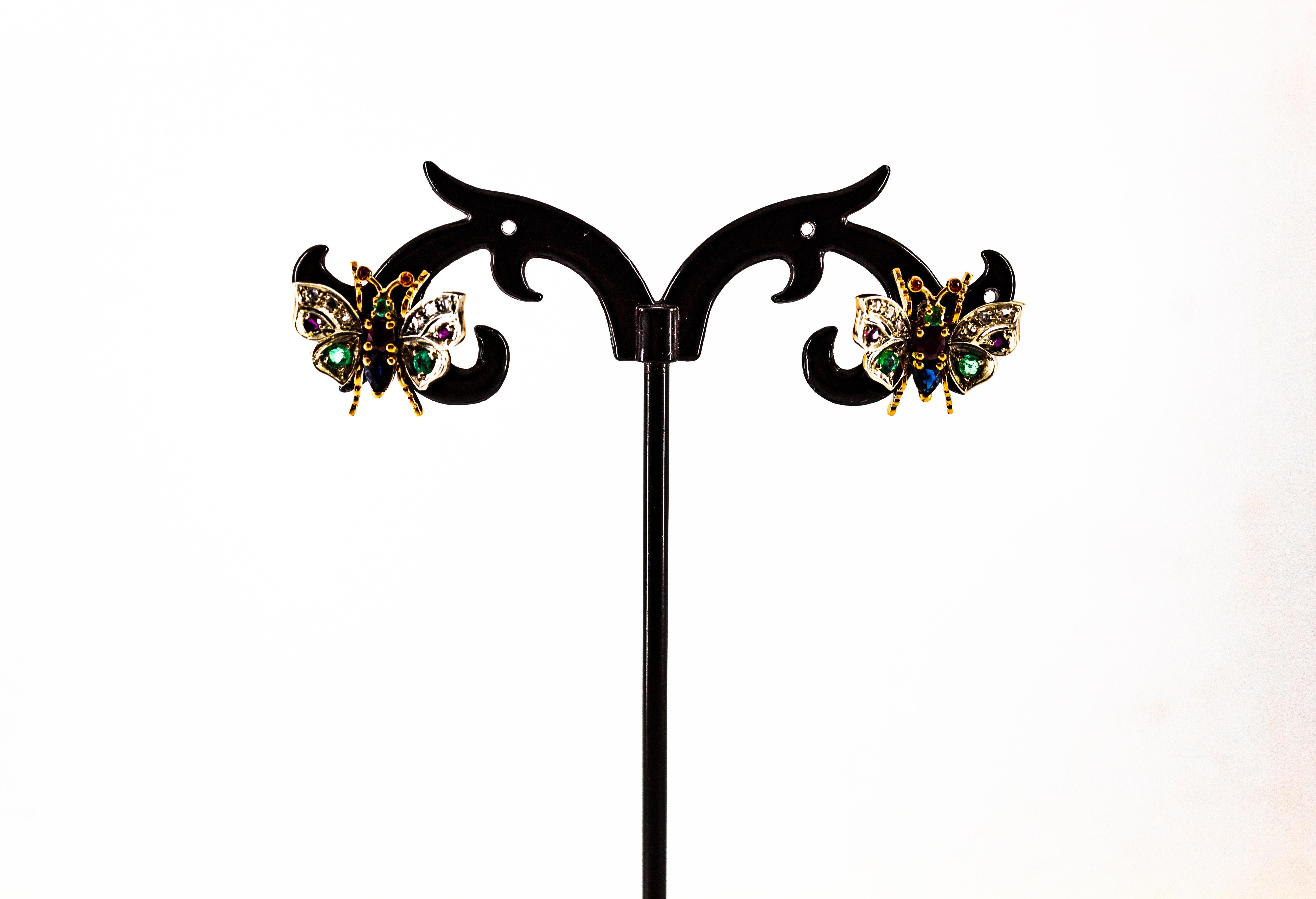 Art Nouveau Style Weißer Diamant Smaragd Rubin Saphir Gelbgold Ohrstecker im Zustand „Neu“ im Angebot in Naples, IT