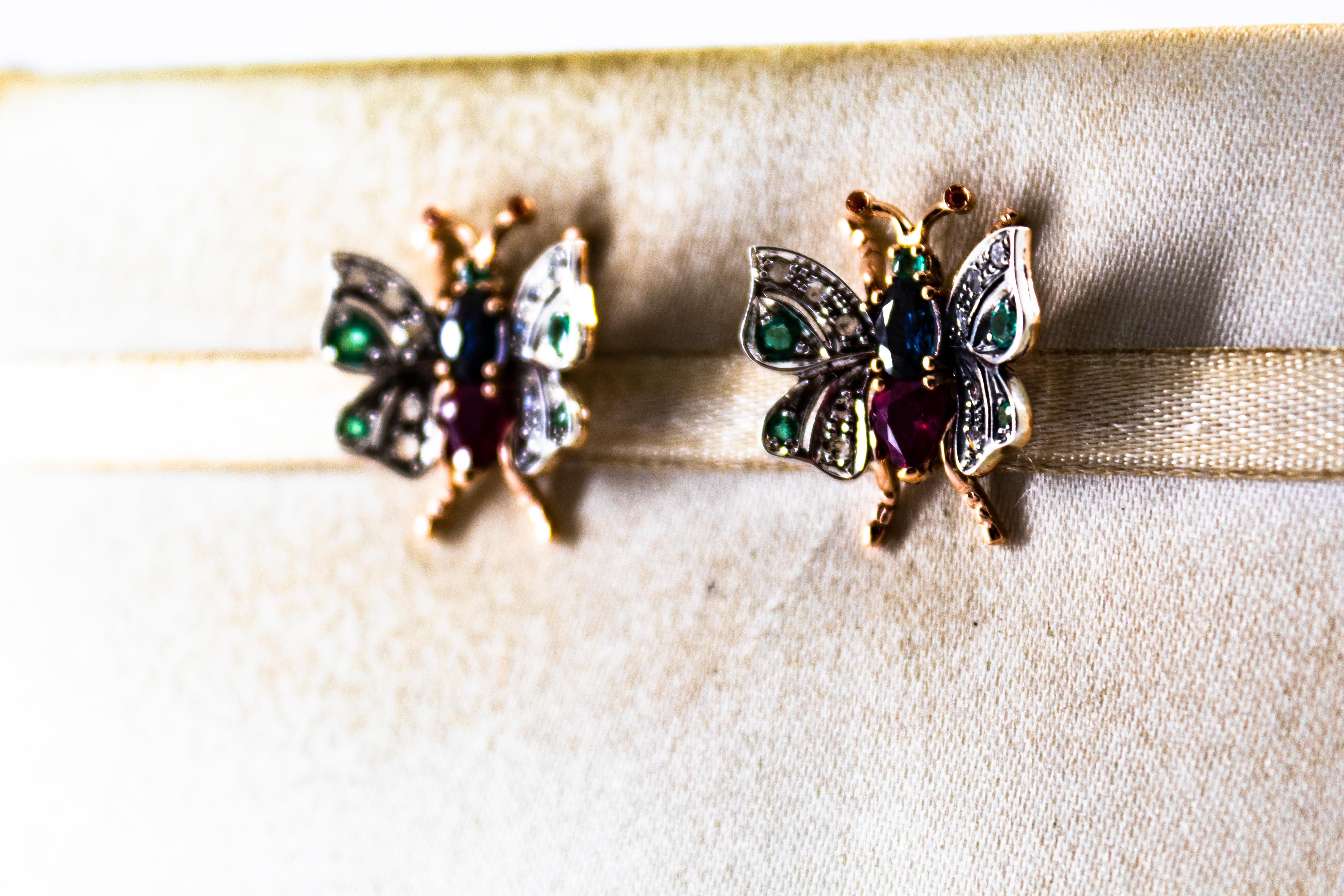 Art Nouveau Style White Diamond Emerald Ruby Sapphire Yellow Gold Stud Earrings For Sale 1