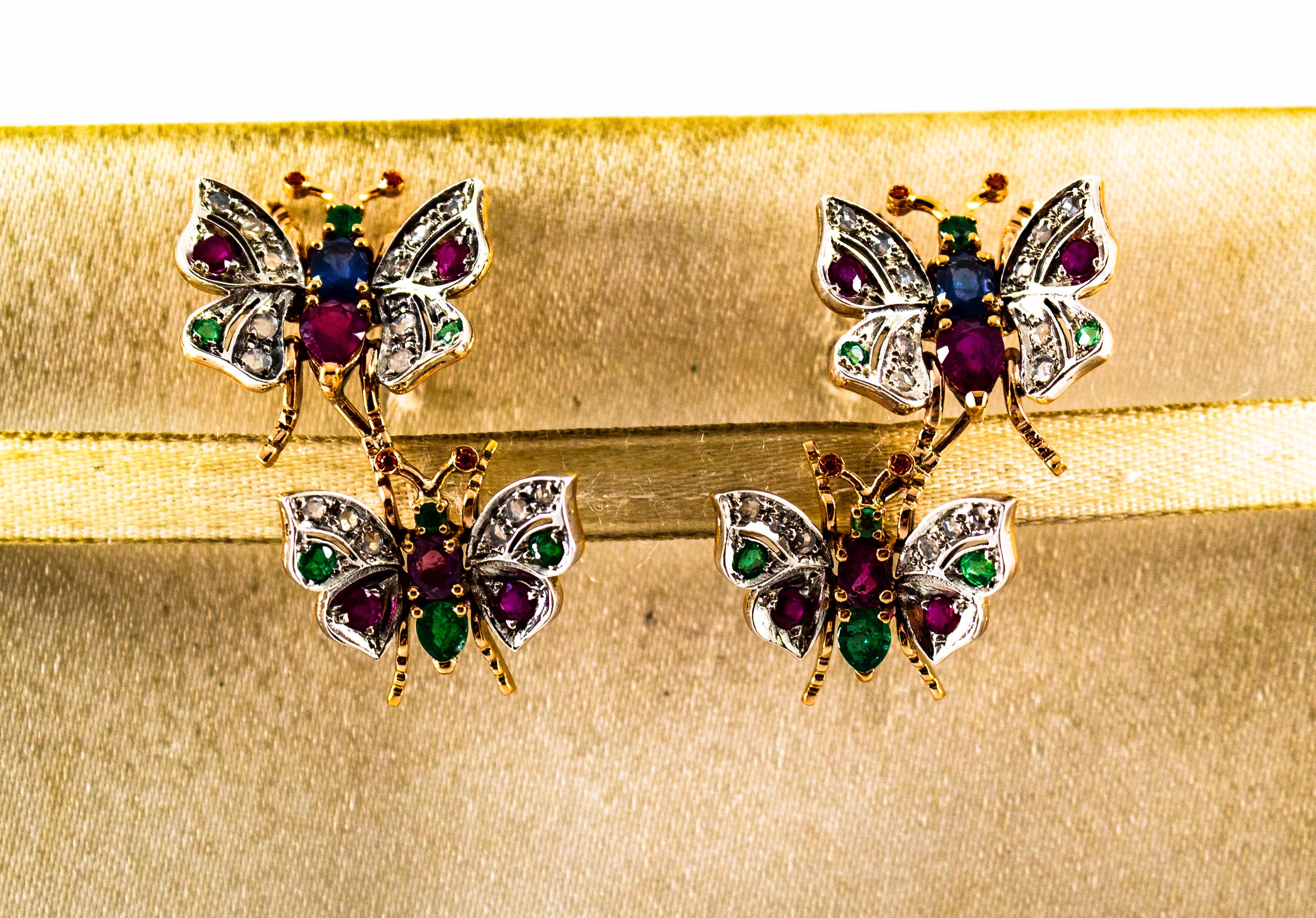 Clous d'oreilles en or jaune de style Art Nouveau avec diamant blanc, émeraude, rubis et saphir Unisexe en vente