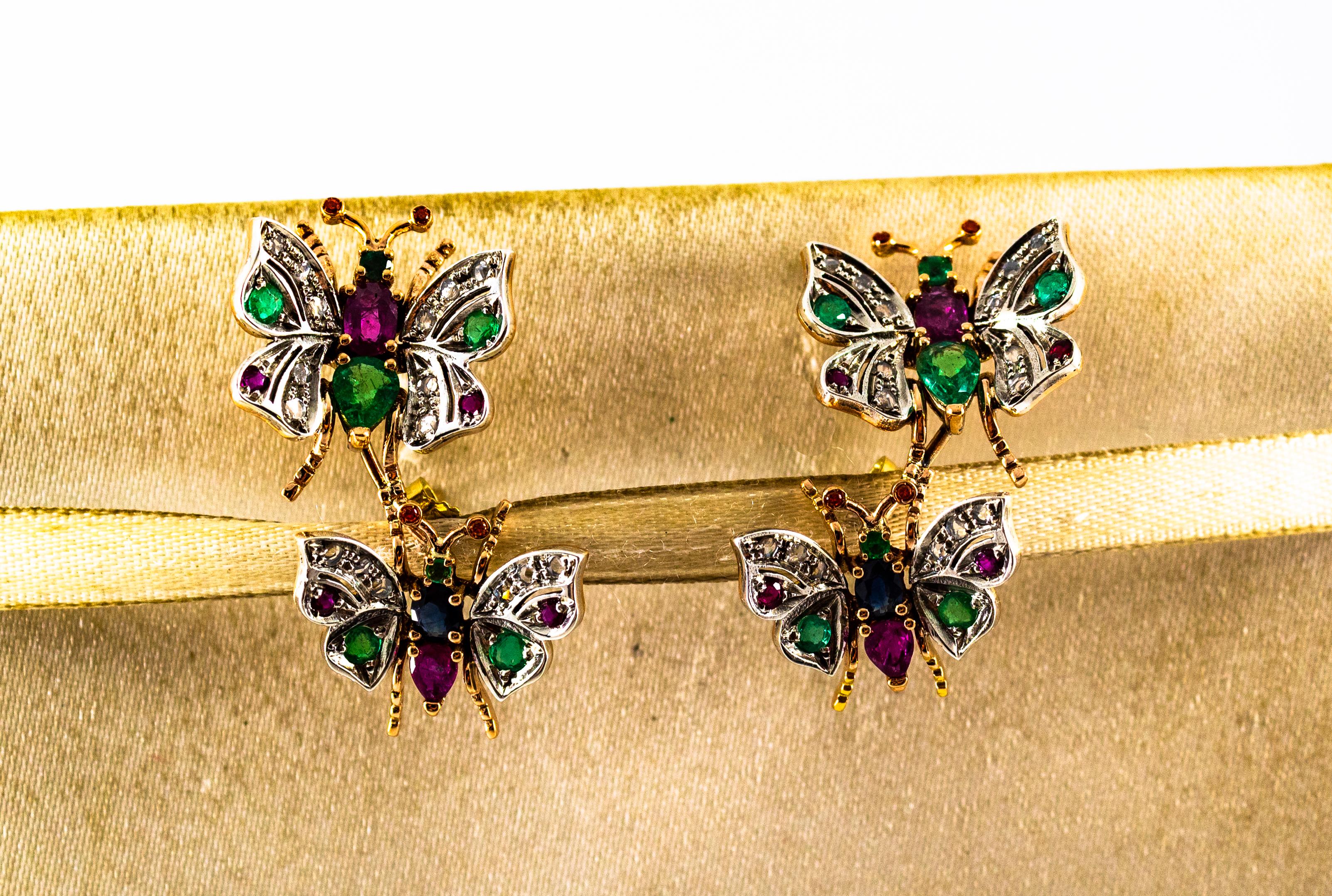 Orecchini in stile Art Nouveau con diamante bianco, smeraldo, rubino e zaffiro in oro giallo in vendita 1