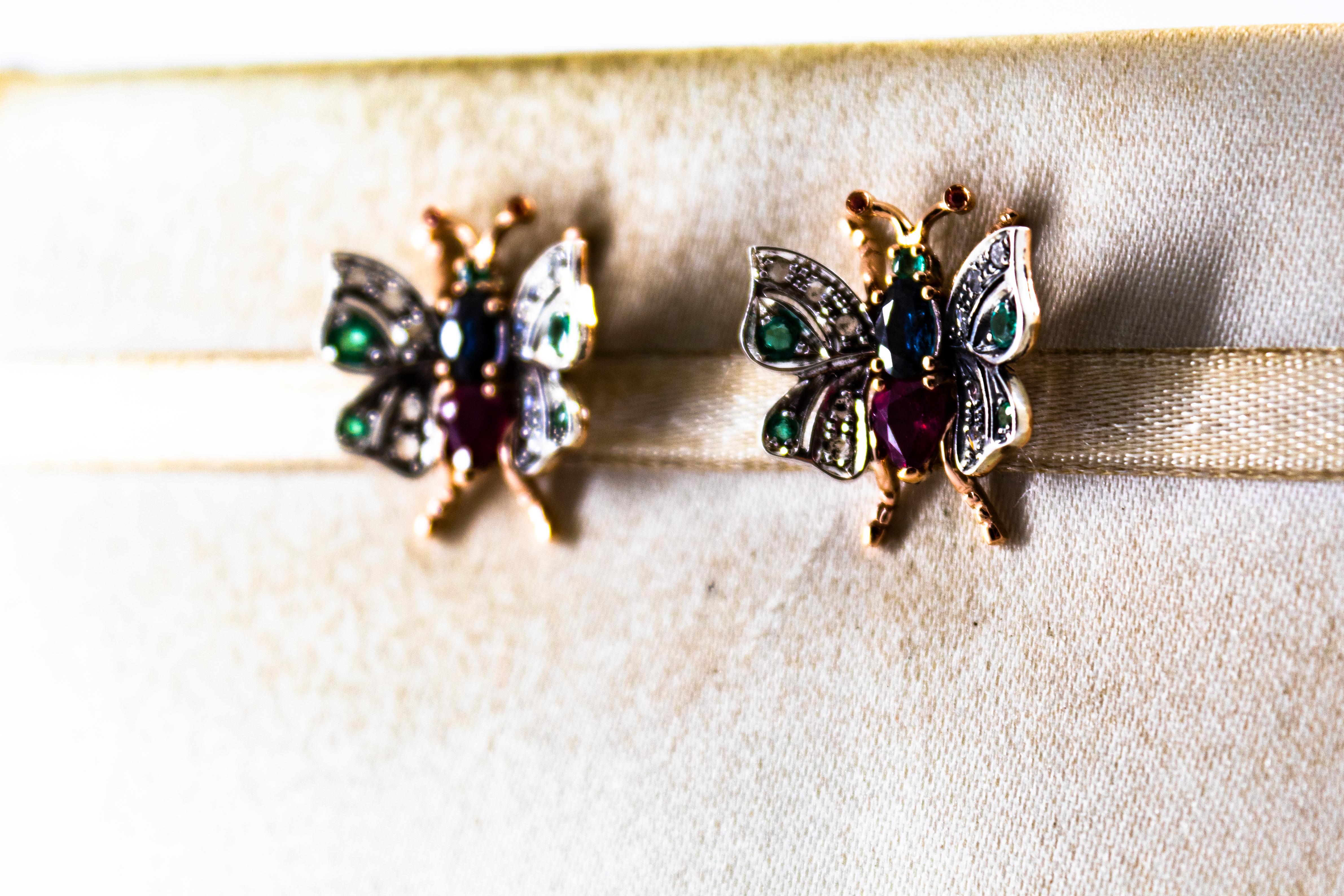 Orecchini in stile Art Nouveau con diamante bianco, smeraldo, rubino e zaffiro in oro giallo in vendita 1