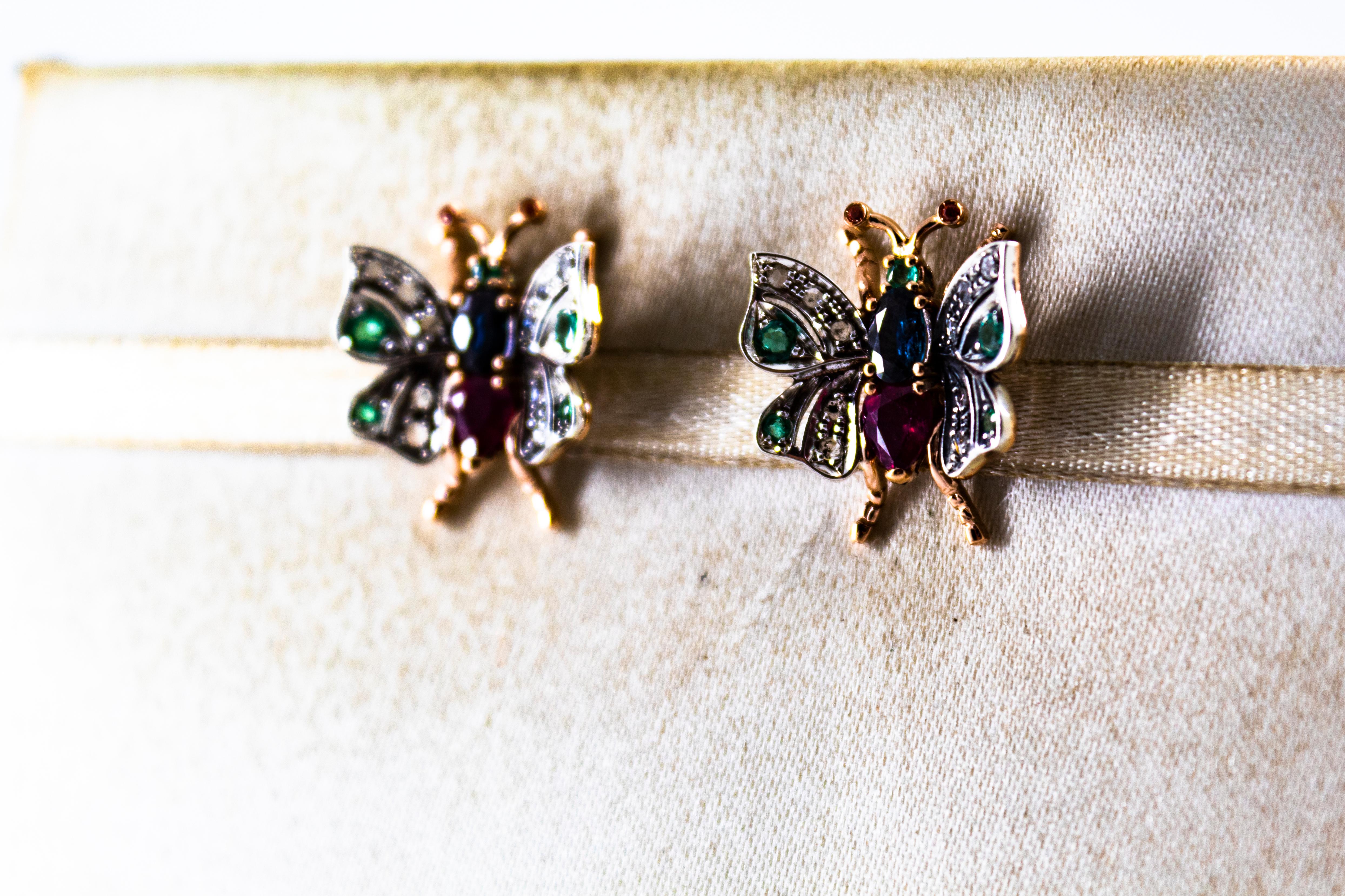Clous d'oreilles en or jaune de style Art Nouveau avec diamant blanc, émeraude, rubis et saphir en vente 1