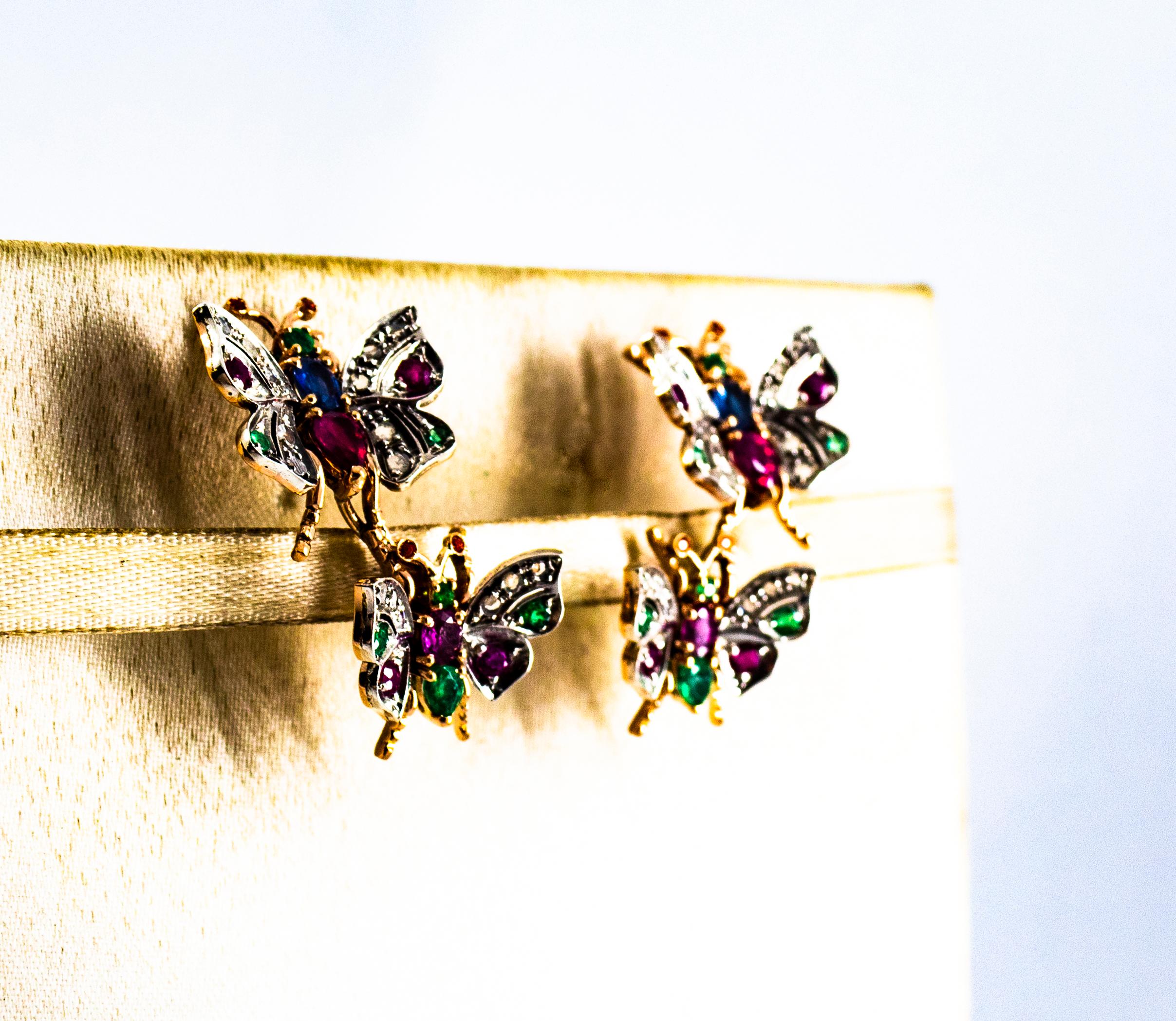 Clous d'oreilles en or jaune de style Art Nouveau avec diamant blanc, émeraude, rubis et saphir en vente 1