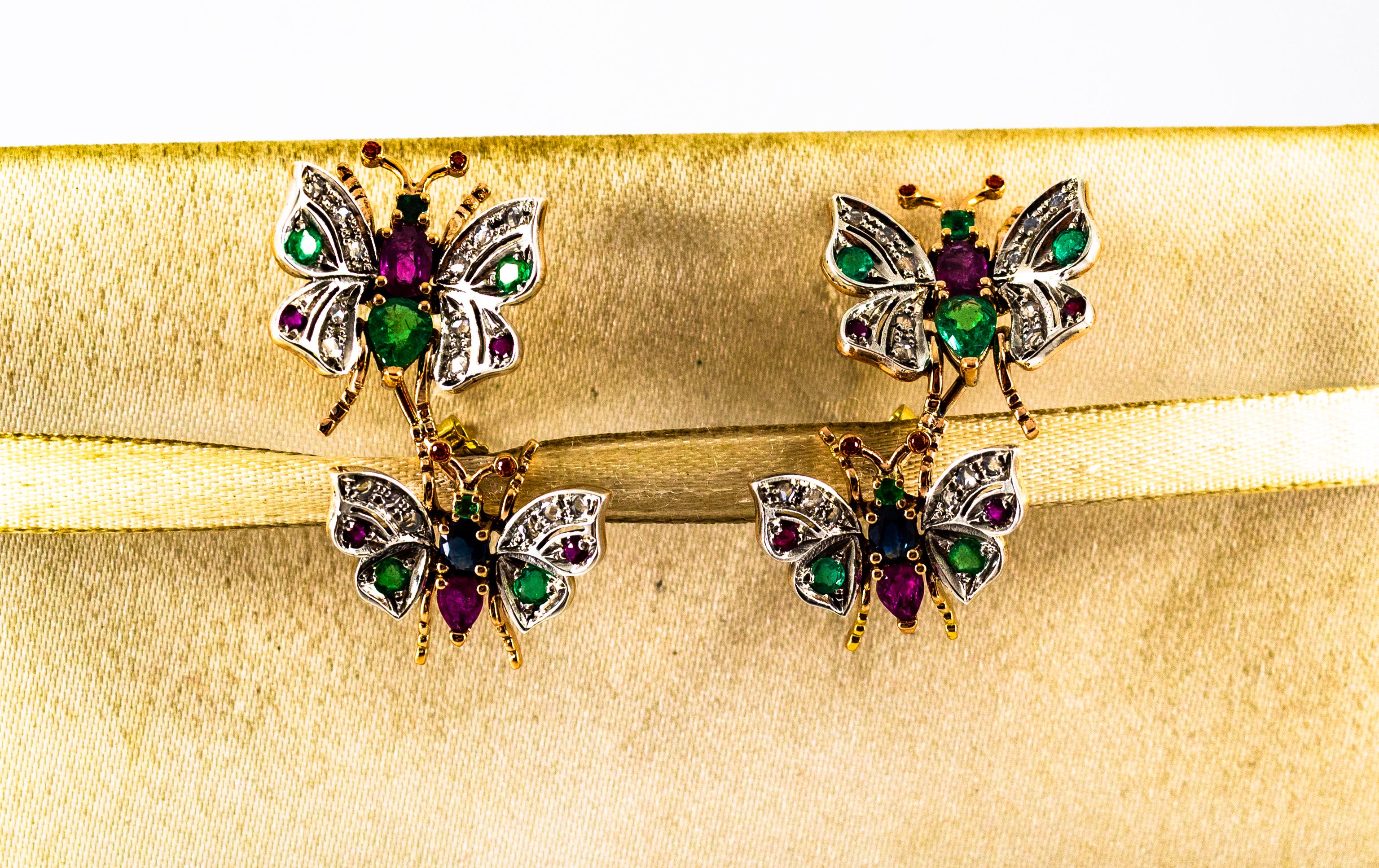 Orecchini in stile Art Nouveau con diamante bianco, smeraldo, rubino e zaffiro in oro giallo in vendita 2