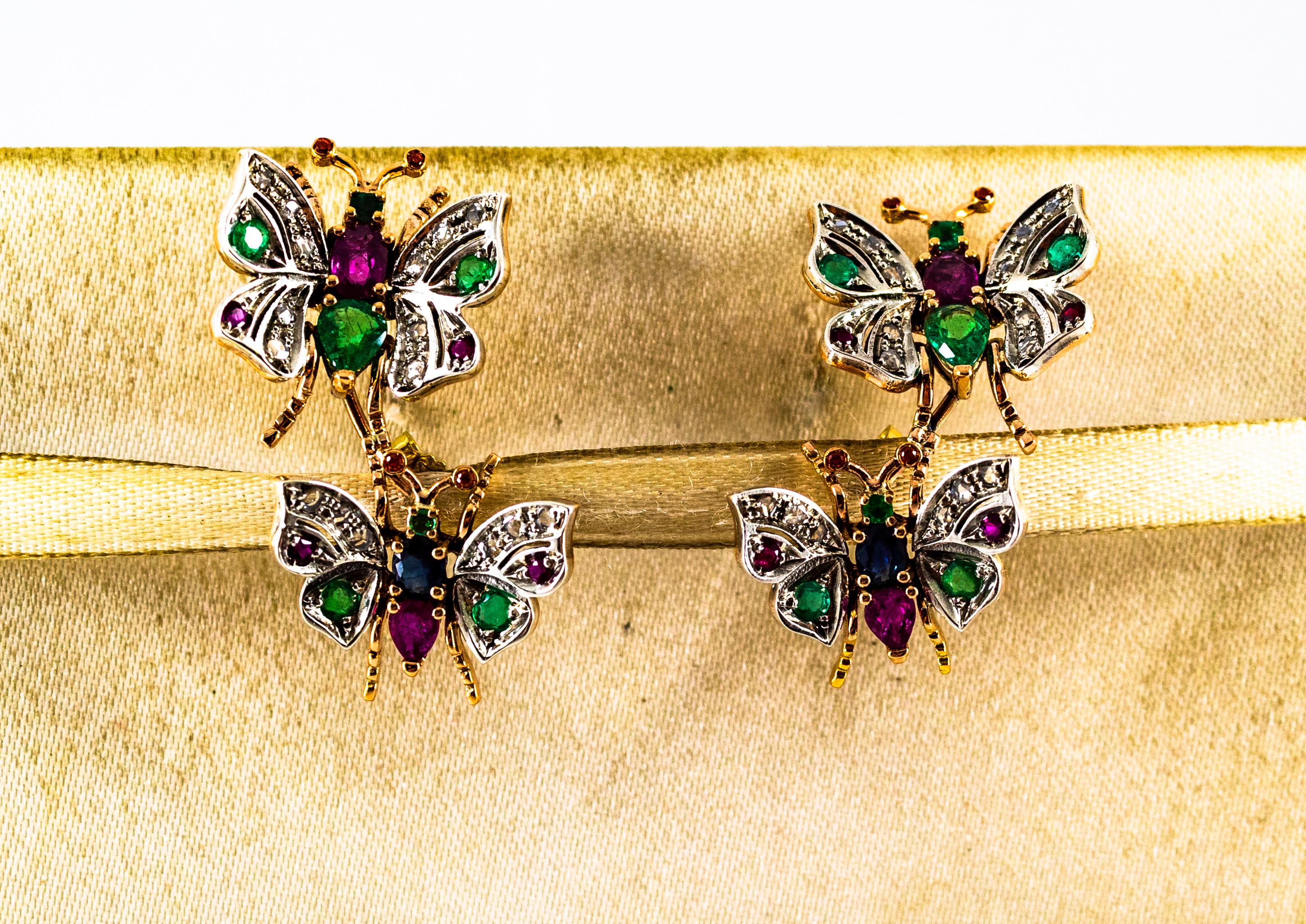 Orecchini in stile Art Nouveau con diamante bianco, smeraldo, rubino e zaffiro in oro giallo in vendita 3