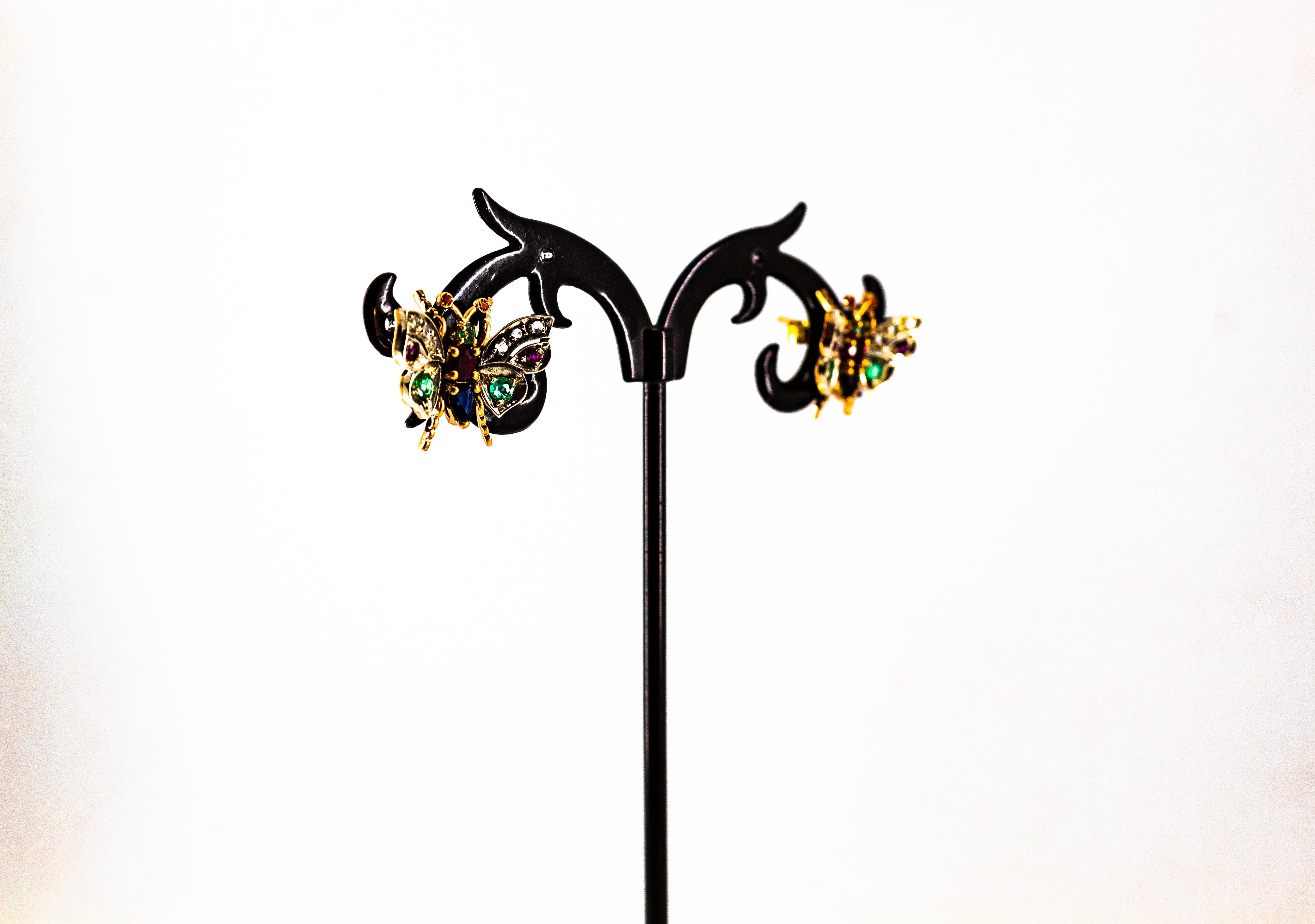Art Nouveau Style Weißer Diamant Smaragd Rubin Saphir Gelbgold Ohrstecker im Angebot 2