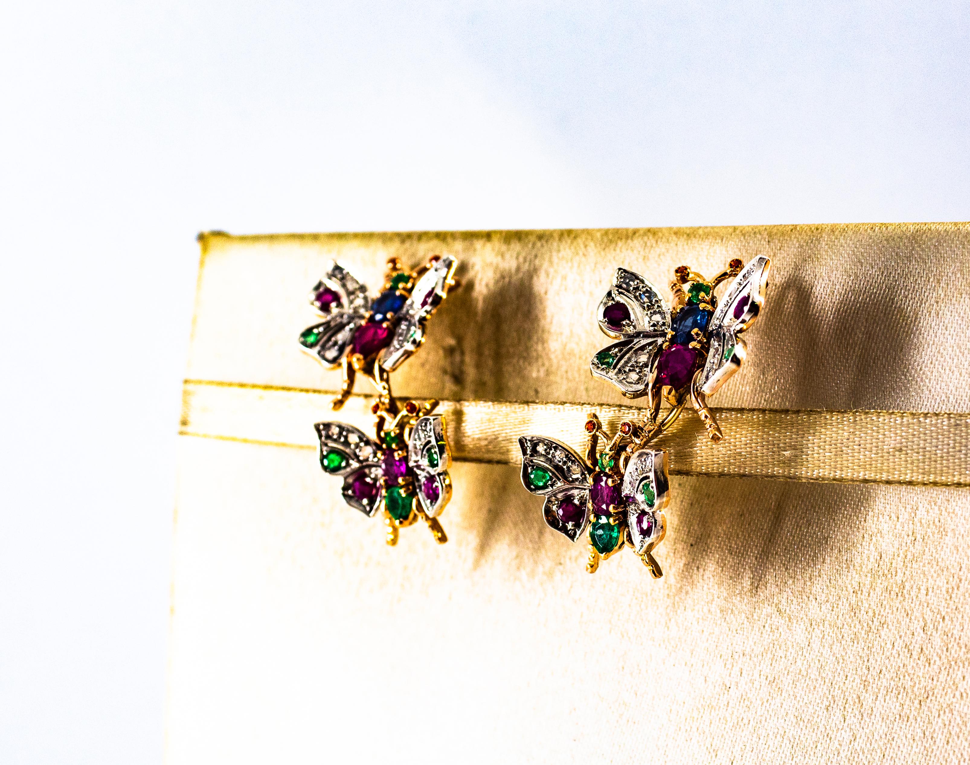 Clous d'oreilles en or jaune de style Art Nouveau avec diamant blanc, émeraude, rubis et saphir en vente 3