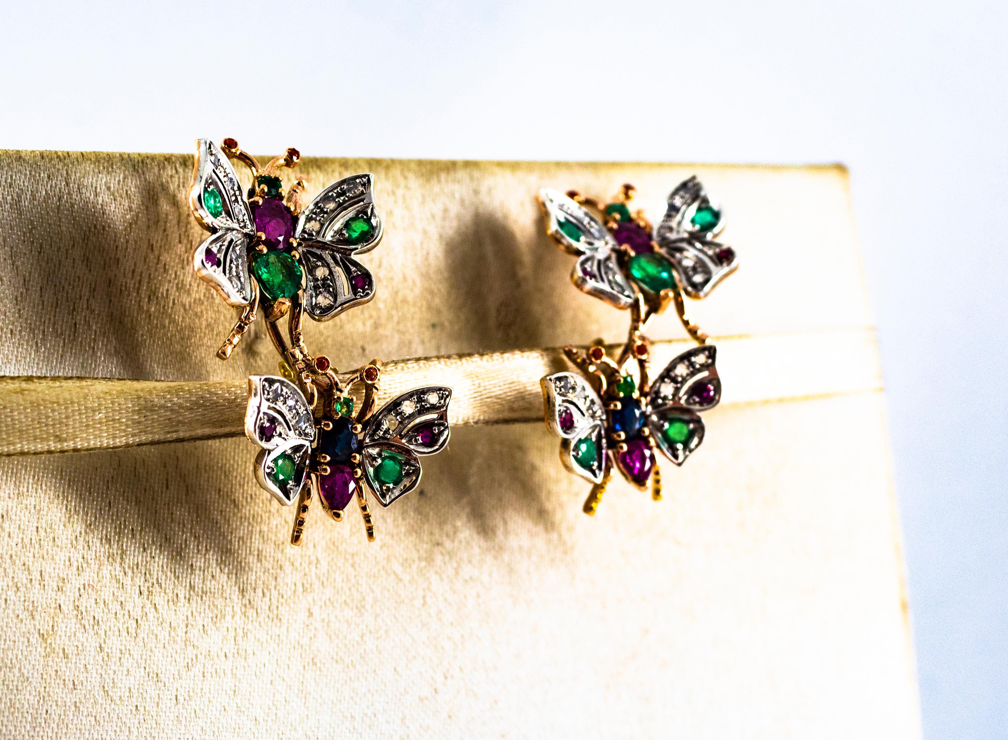 Orecchini in stile Art Nouveau con diamante bianco, smeraldo, rubino e zaffiro in oro giallo in vendita 4