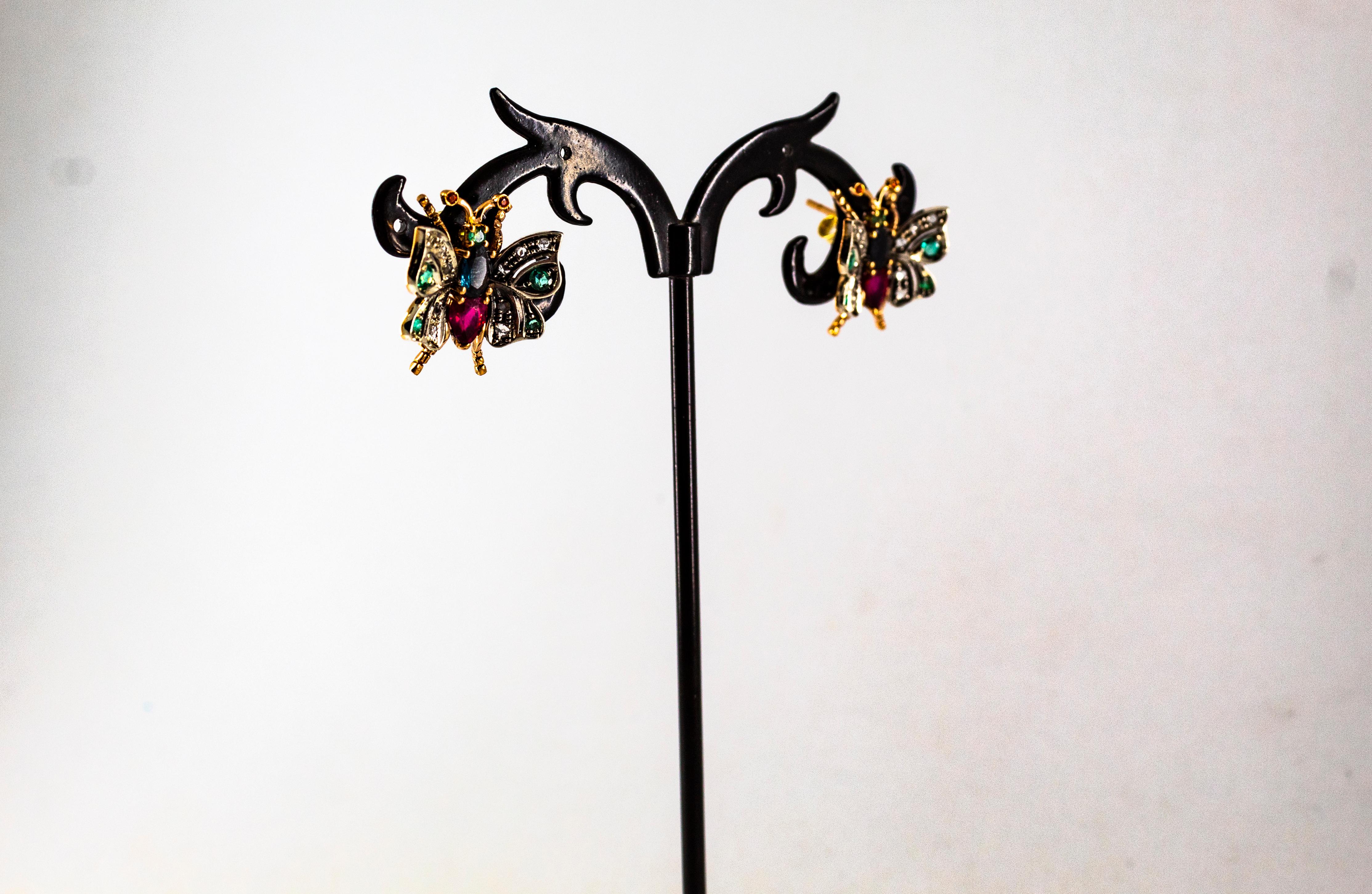 Orecchini in stile Art Nouveau con diamante bianco, smeraldo, rubino e zaffiro in oro giallo in vendita 4