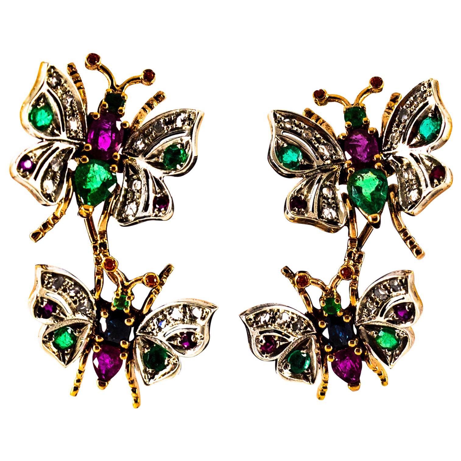 Art Nouveau Style White Diamond Emerald Ruby Sapphire Yellow Gold Stud Earrings