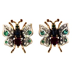 Orecchini in stile Art Nouveau con diamante bianco, smeraldo, rubino e zaffiro in oro giallo