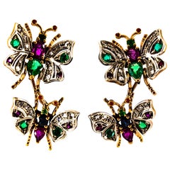 Orecchini in stile Art Nouveau con diamante bianco, smeraldo, rubino e zaffiro in oro giallo