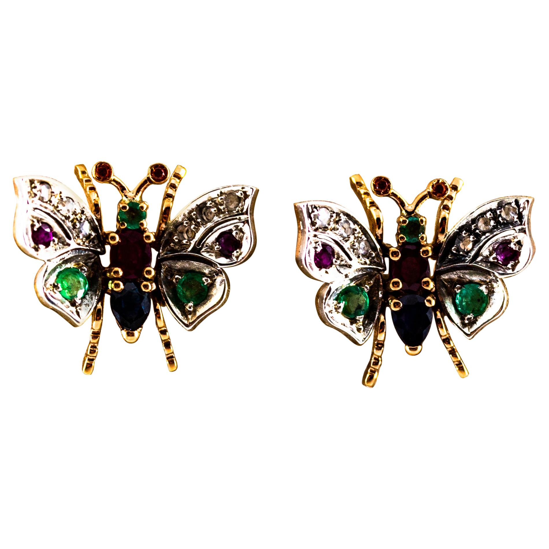 Orecchini in stile Art Nouveau con diamante bianco, smeraldo, rubino e zaffiro in oro giallo