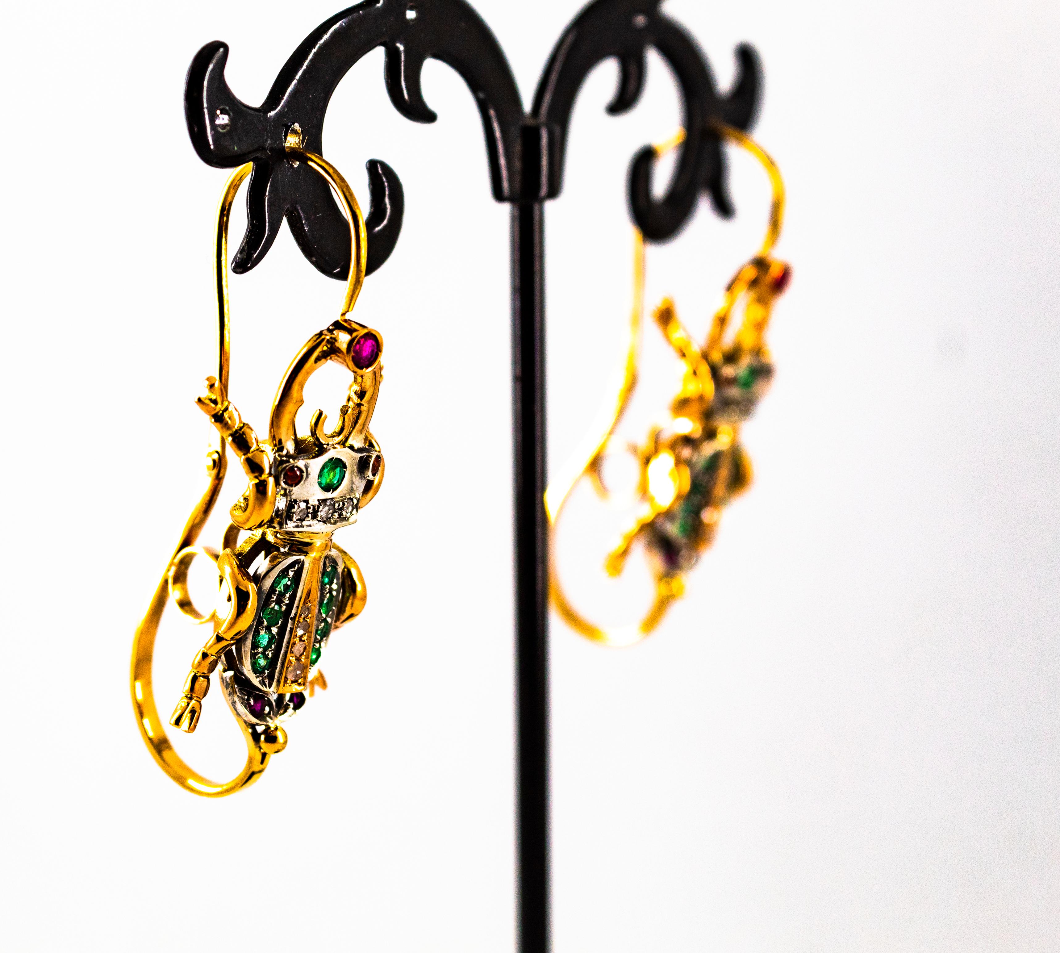 Art Nouveau Style White Diamond Emerald Ruby Yellow Gold Lever-Back Earrings For Sale 5