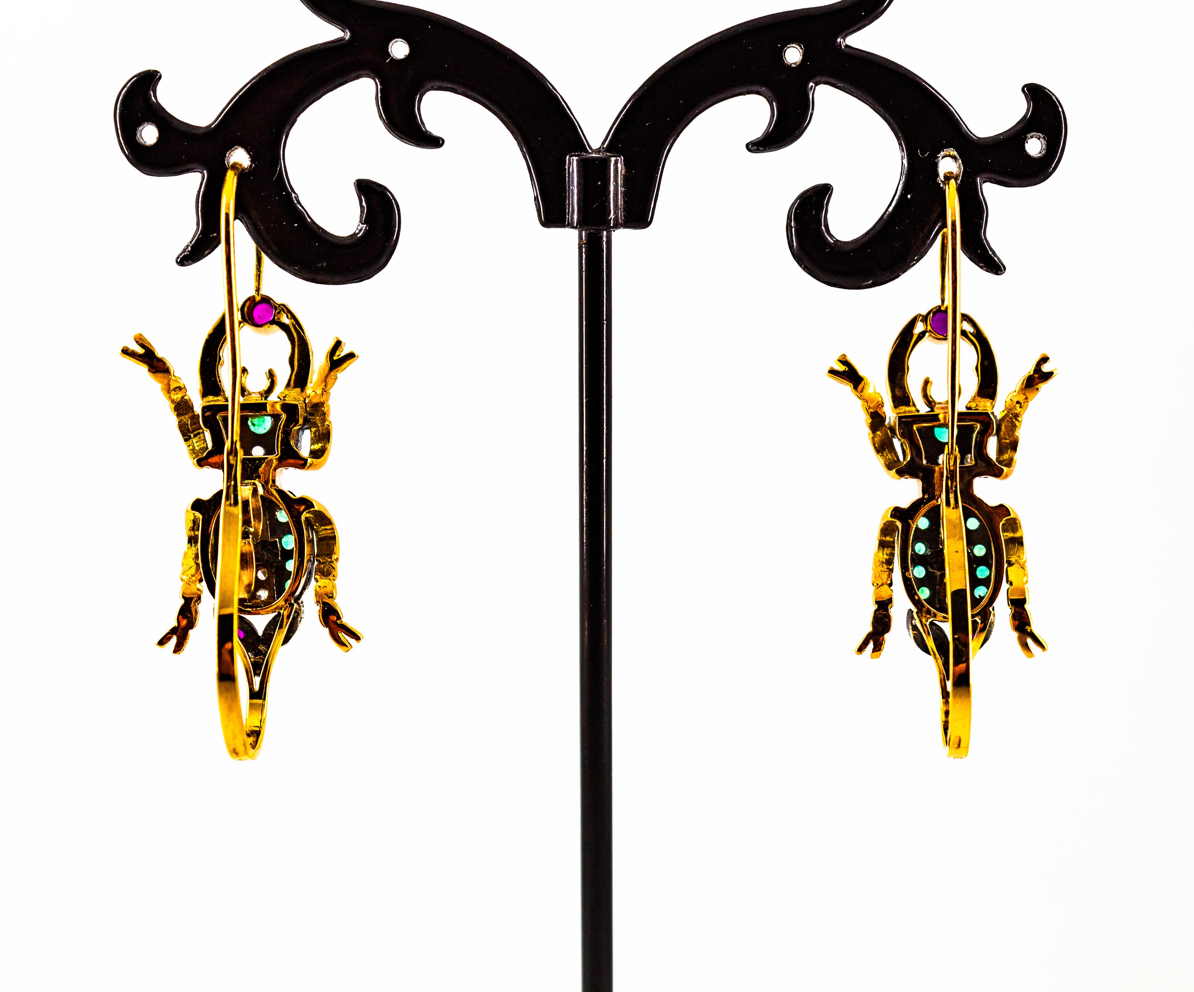 Art Nouveau Style White Diamond Emerald Ruby Yellow Gold Lever-Back Earrings For Sale 6