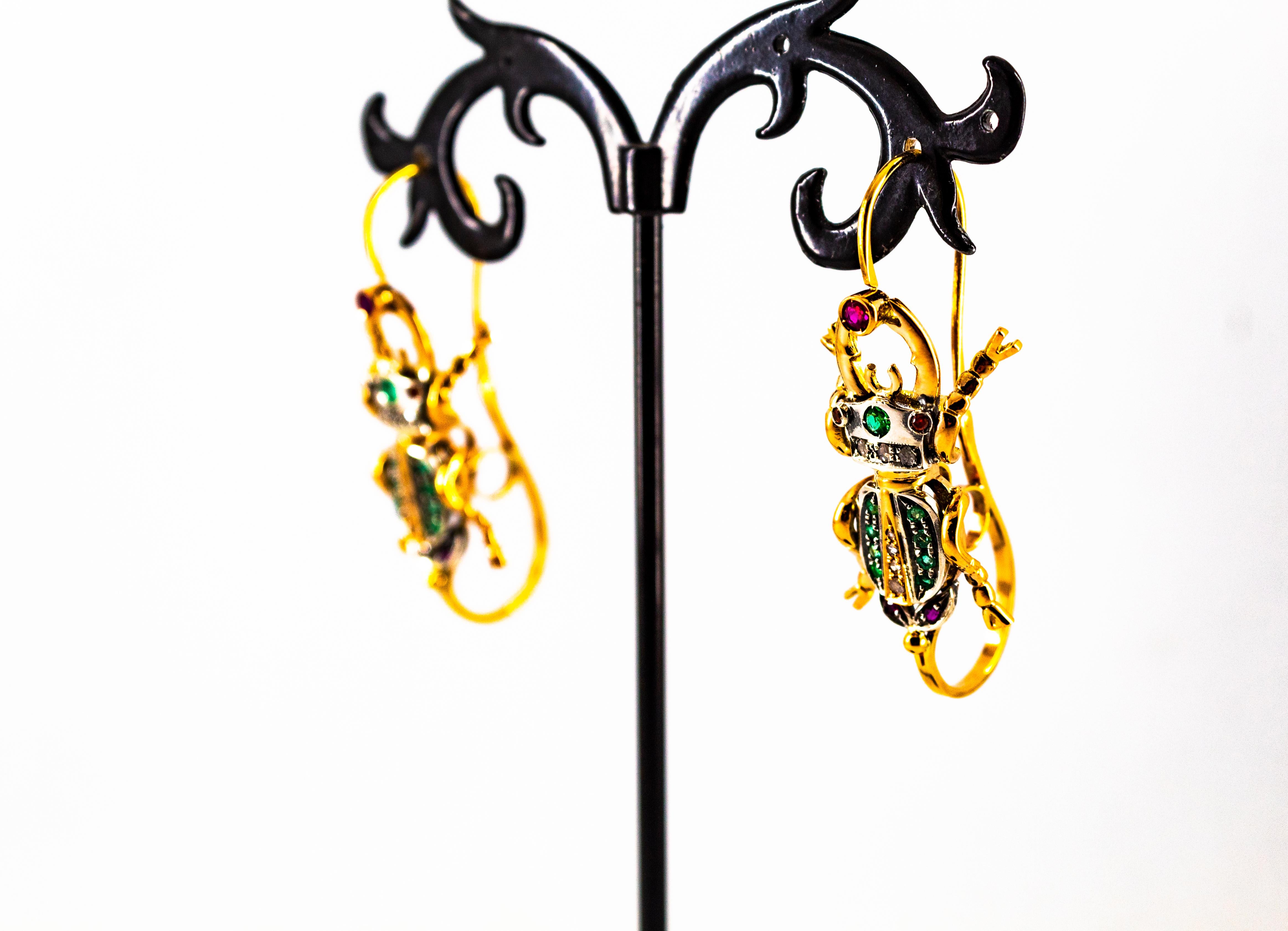 Art Nouveau Style White Diamond Emerald Ruby Yellow Gold Lever-Back Earrings For Sale 7