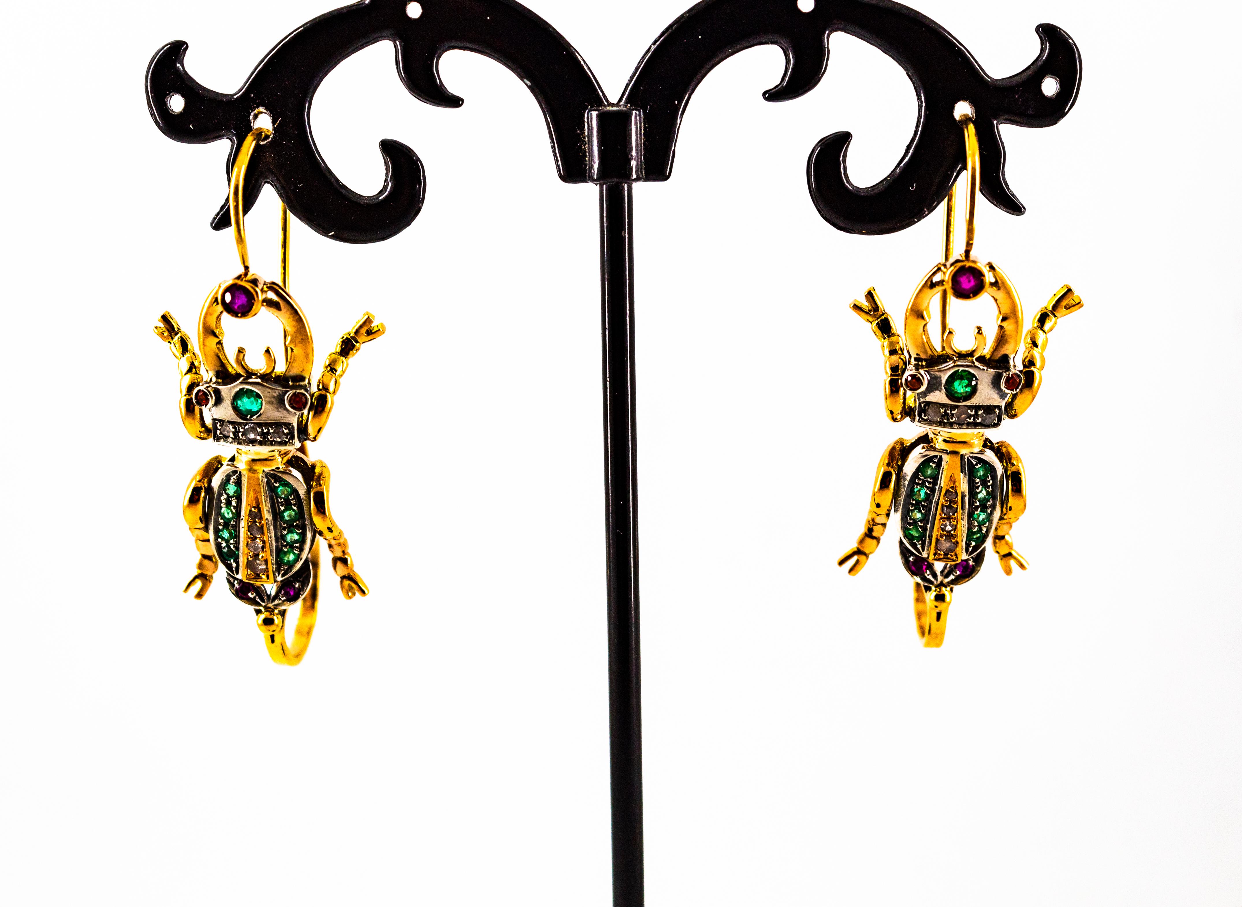 Art Nouveau Style White Diamond Emerald Ruby Yellow Gold Lever-Back Earrings For Sale 3
