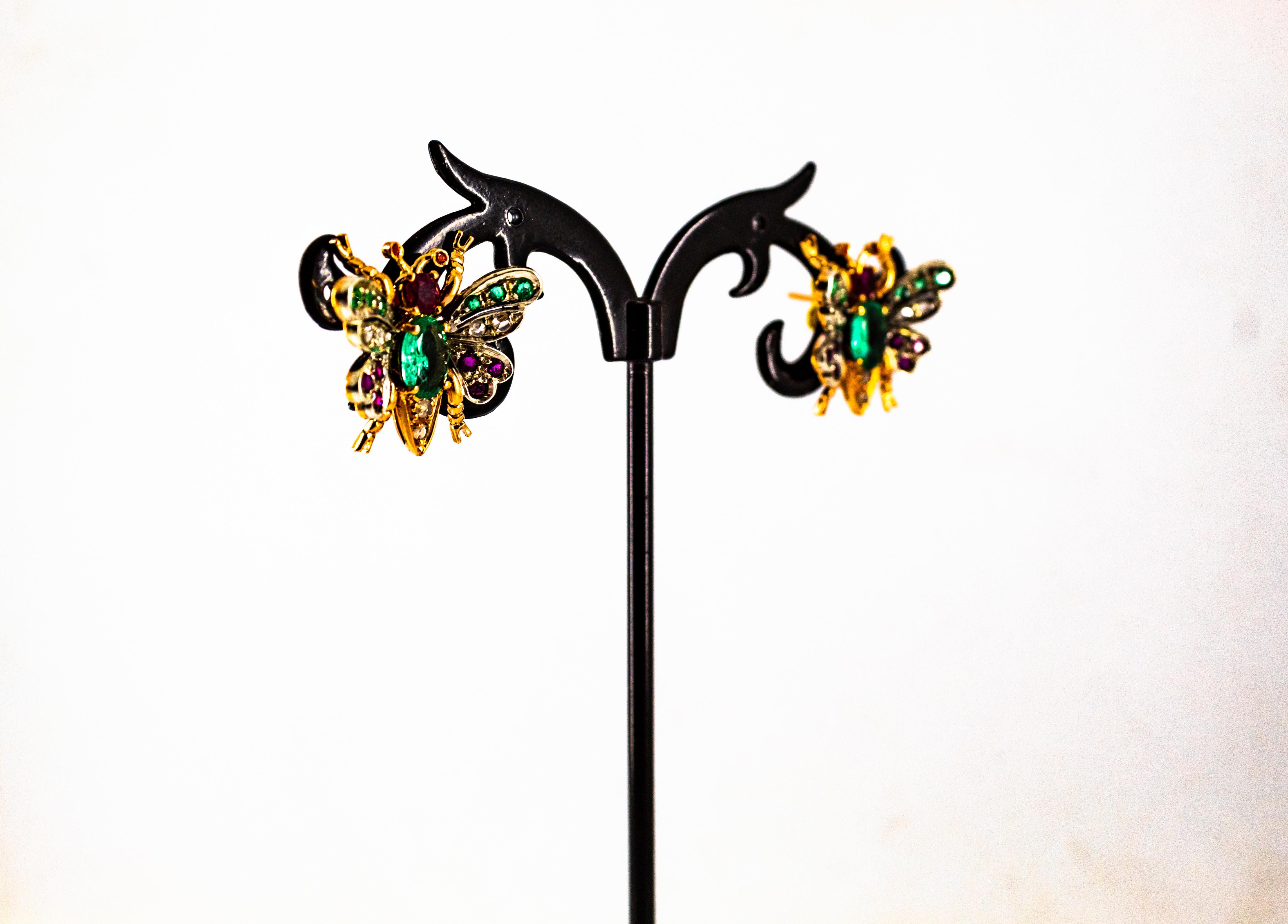 Art Nouveau Style White Diamond Emerald Ruby Yellow Gold Stud Earrings For Sale 5