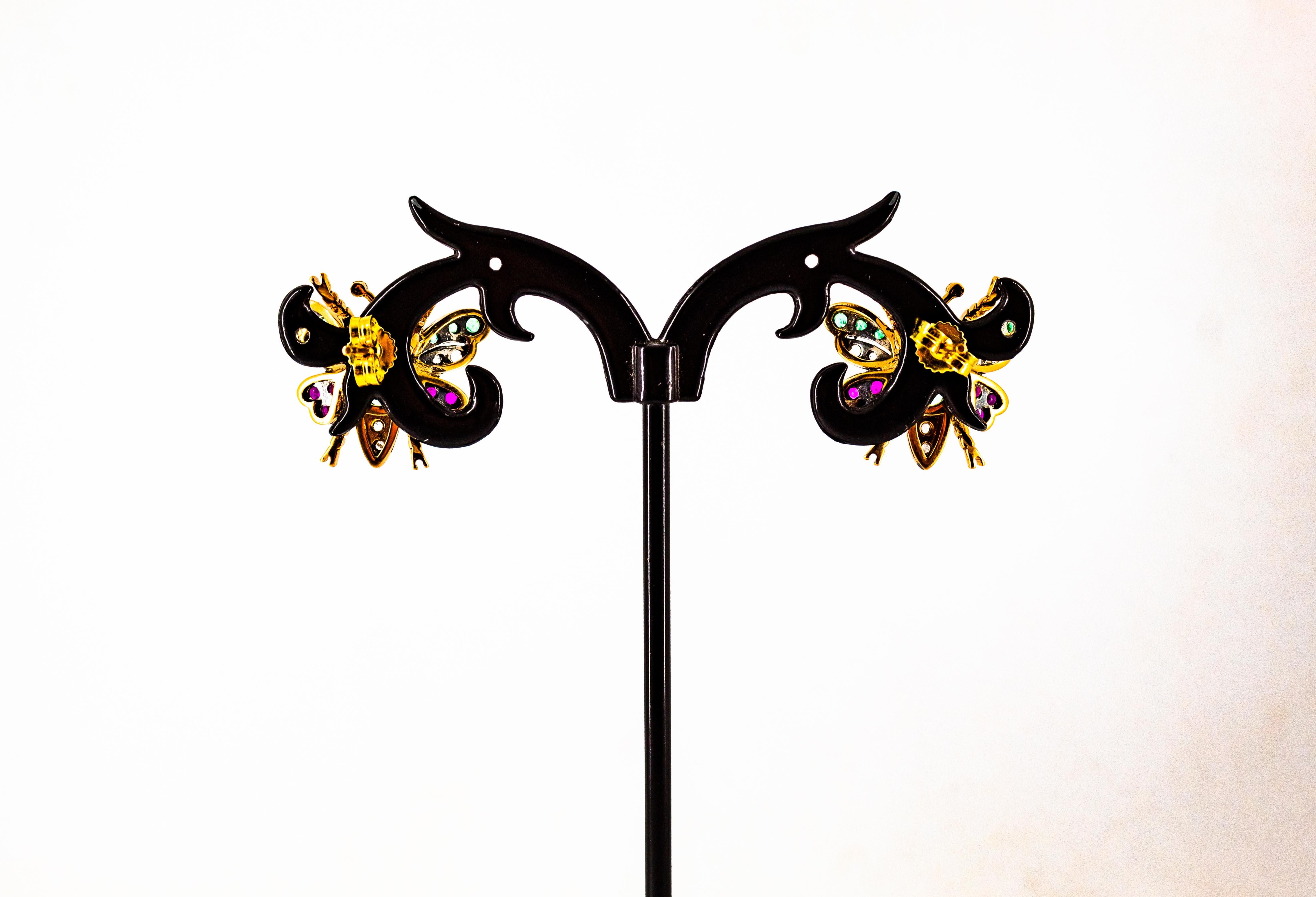 Art Nouveau Style White Diamond Emerald Ruby Yellow Gold Stud Earrings For Sale 6