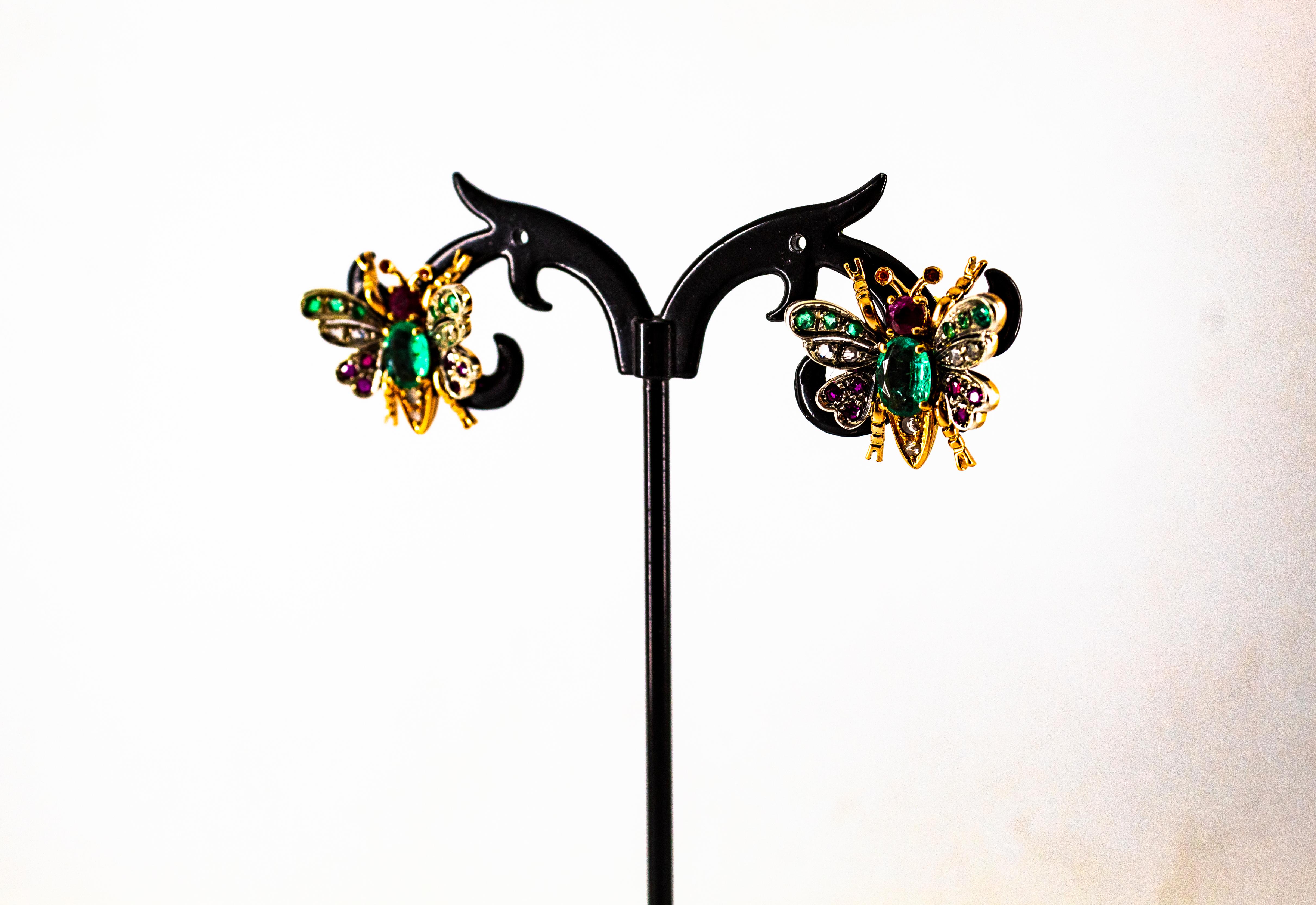 Art Nouveau Style White Diamond Emerald Ruby Yellow Gold Stud Earrings For Sale 7