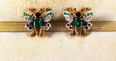 Art Nouveau Style White Diamond Emerald Ruby Yellow Gold Stud Earrings
