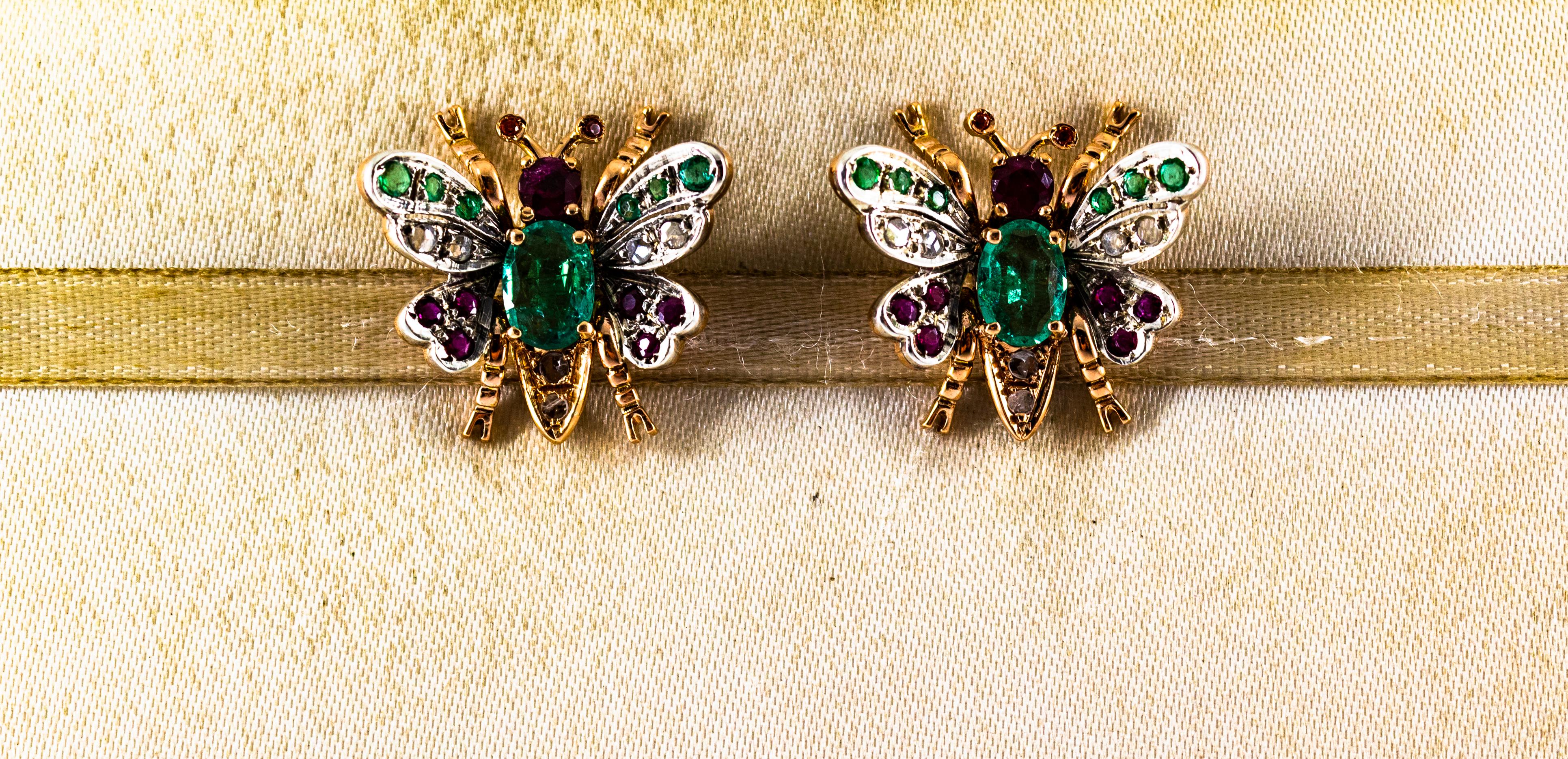 Rose Cut Art Nouveau Style White Diamond Emerald Ruby Yellow Gold Stud Earrings