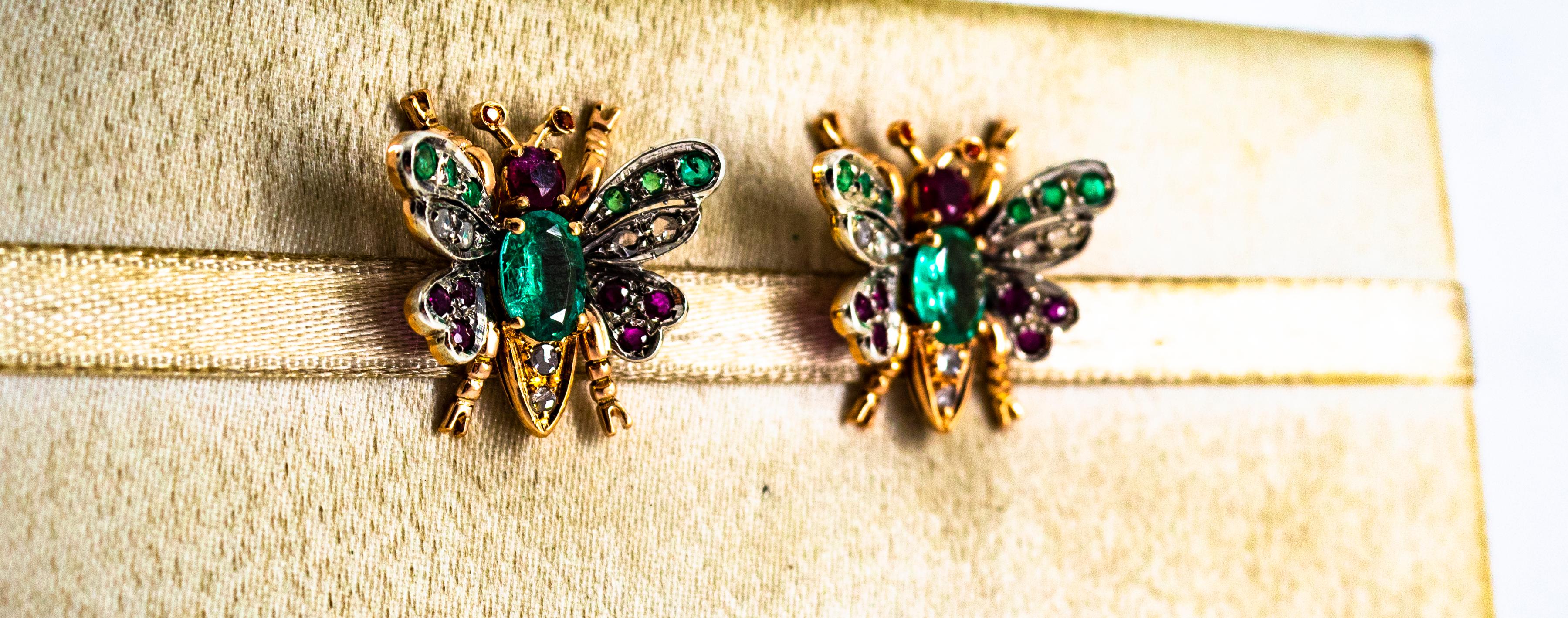 Art Nouveau Style White Diamond Emerald Ruby Yellow Gold Stud Earrings In New Condition In Naples, IT