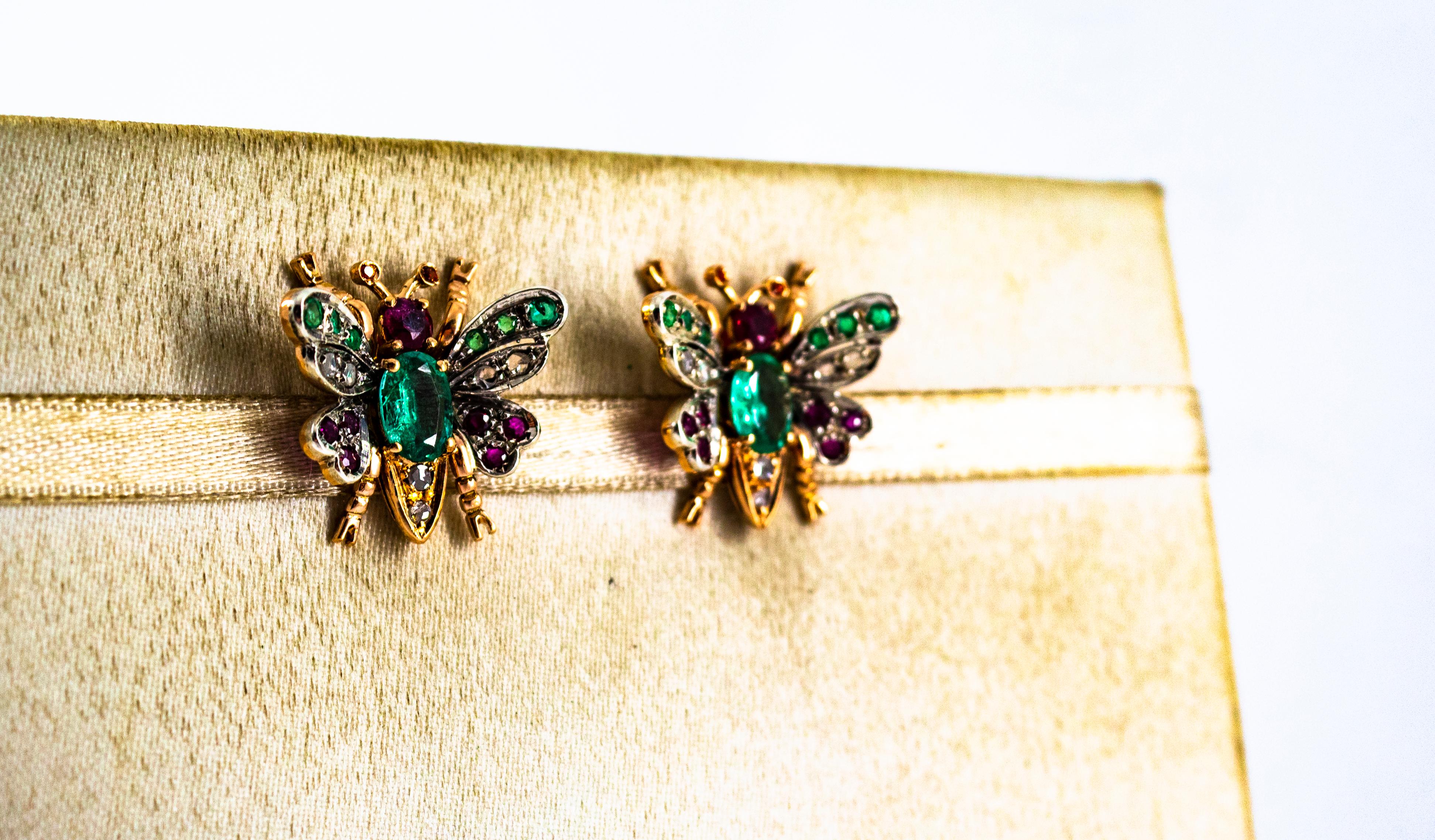 Women's or Men's Art Nouveau Style White Diamond Emerald Ruby Yellow Gold Stud Earrings
