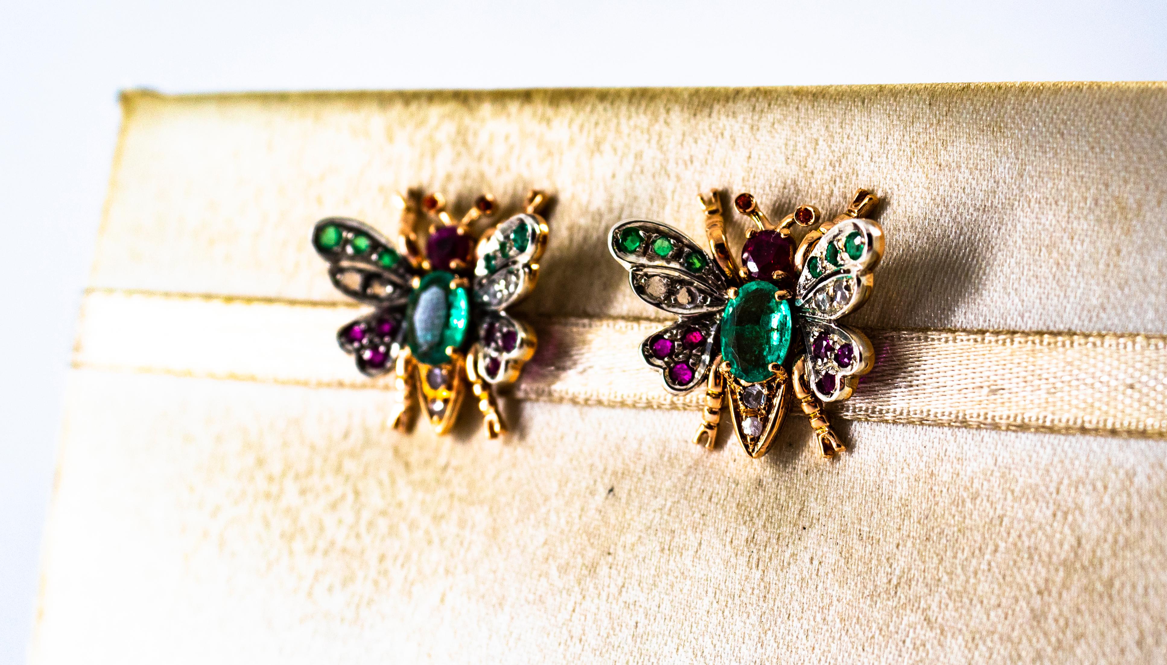 Art Nouveau Style White Diamond Emerald Ruby Yellow Gold Stud Earrings For Sale 1