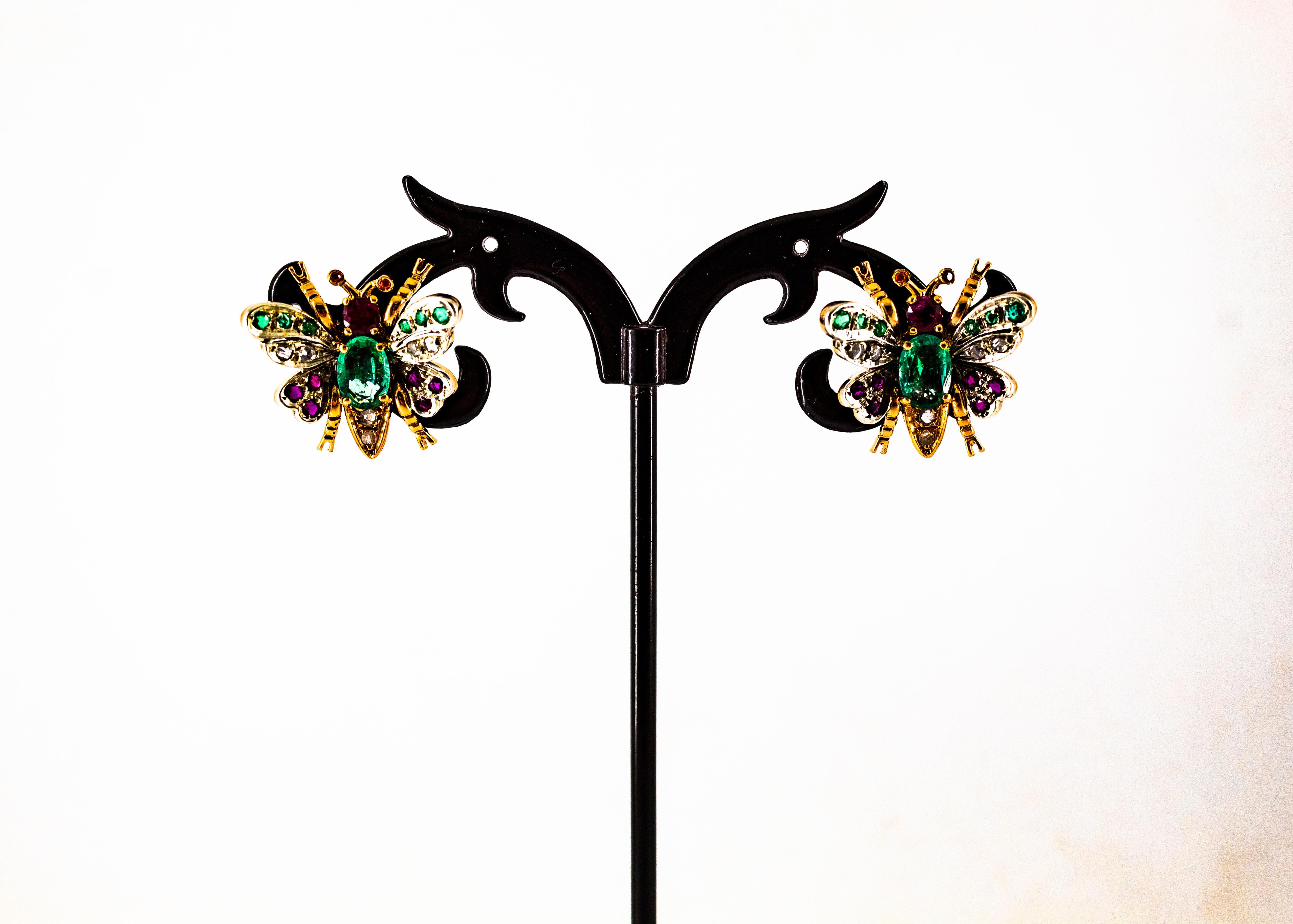 Art Nouveau Style White Diamond Emerald Ruby Yellow Gold Stud Earrings For Sale 2