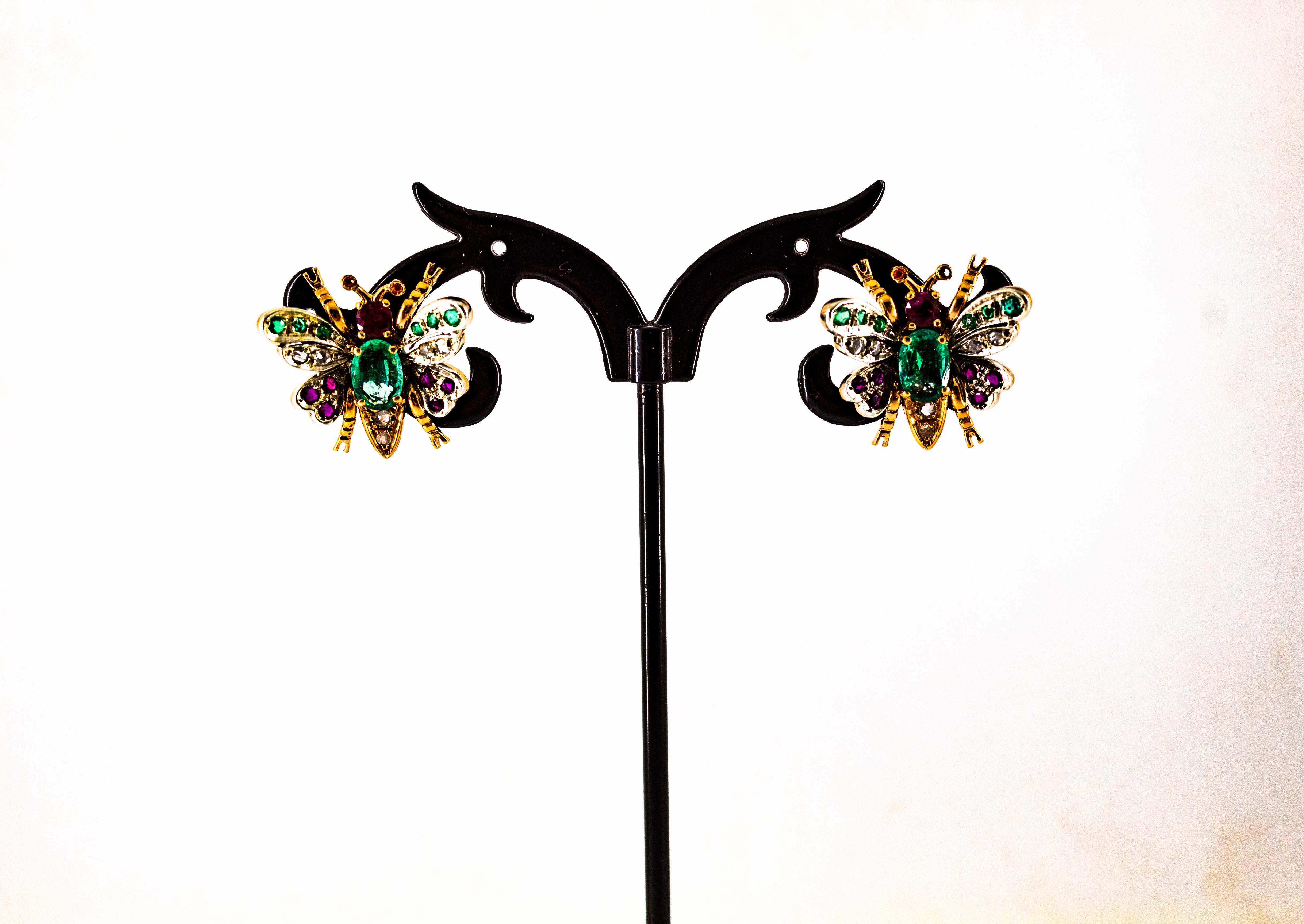 Art Nouveau Style White Diamond Emerald Ruby Yellow Gold Stud Earrings For Sale 3