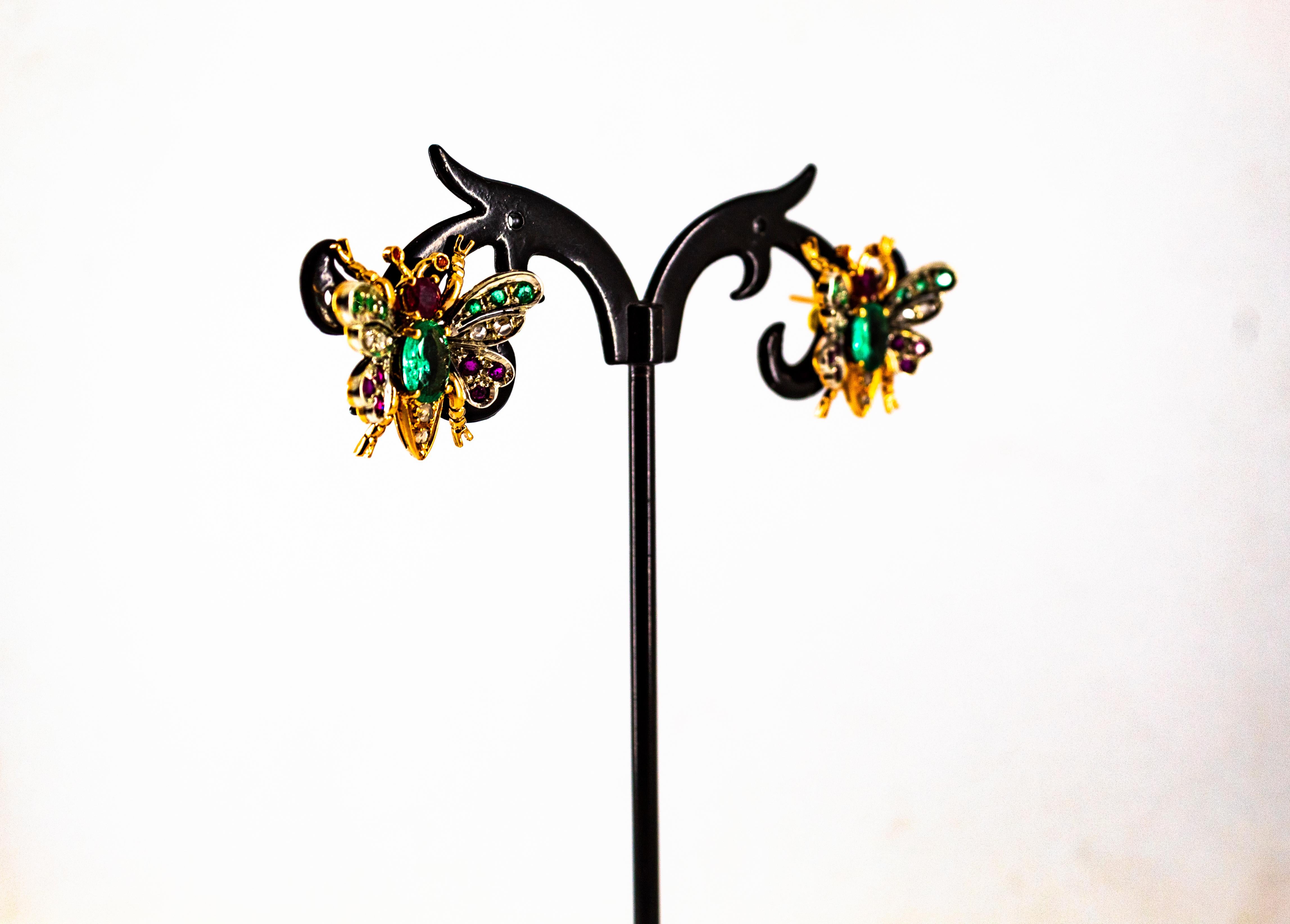 Art Nouveau Style White Diamond Emerald Ruby Yellow Gold Stud Earrings For Sale 4