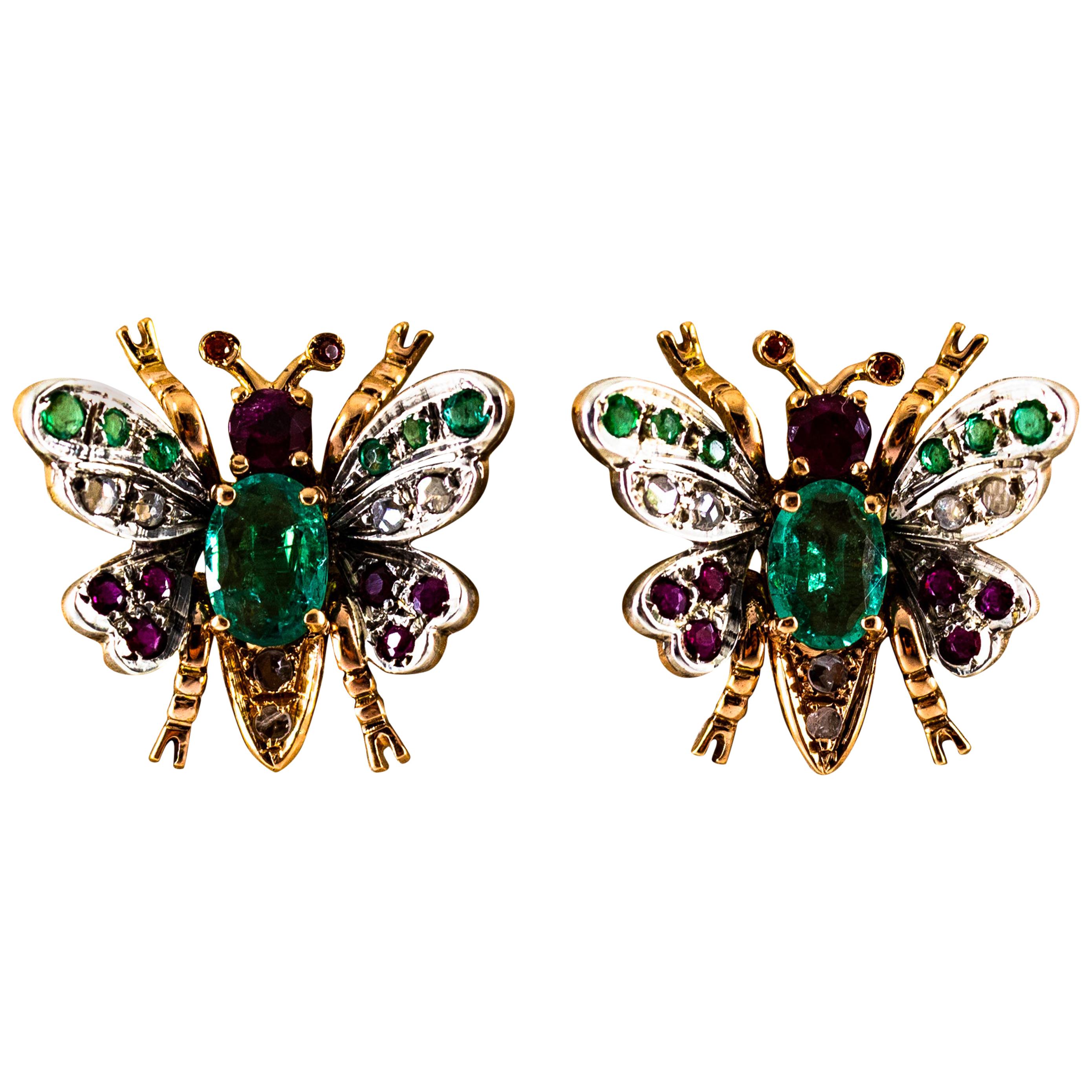 Art Nouveau Style White Diamond Emerald Ruby Yellow Gold Stud Earrings For Sale