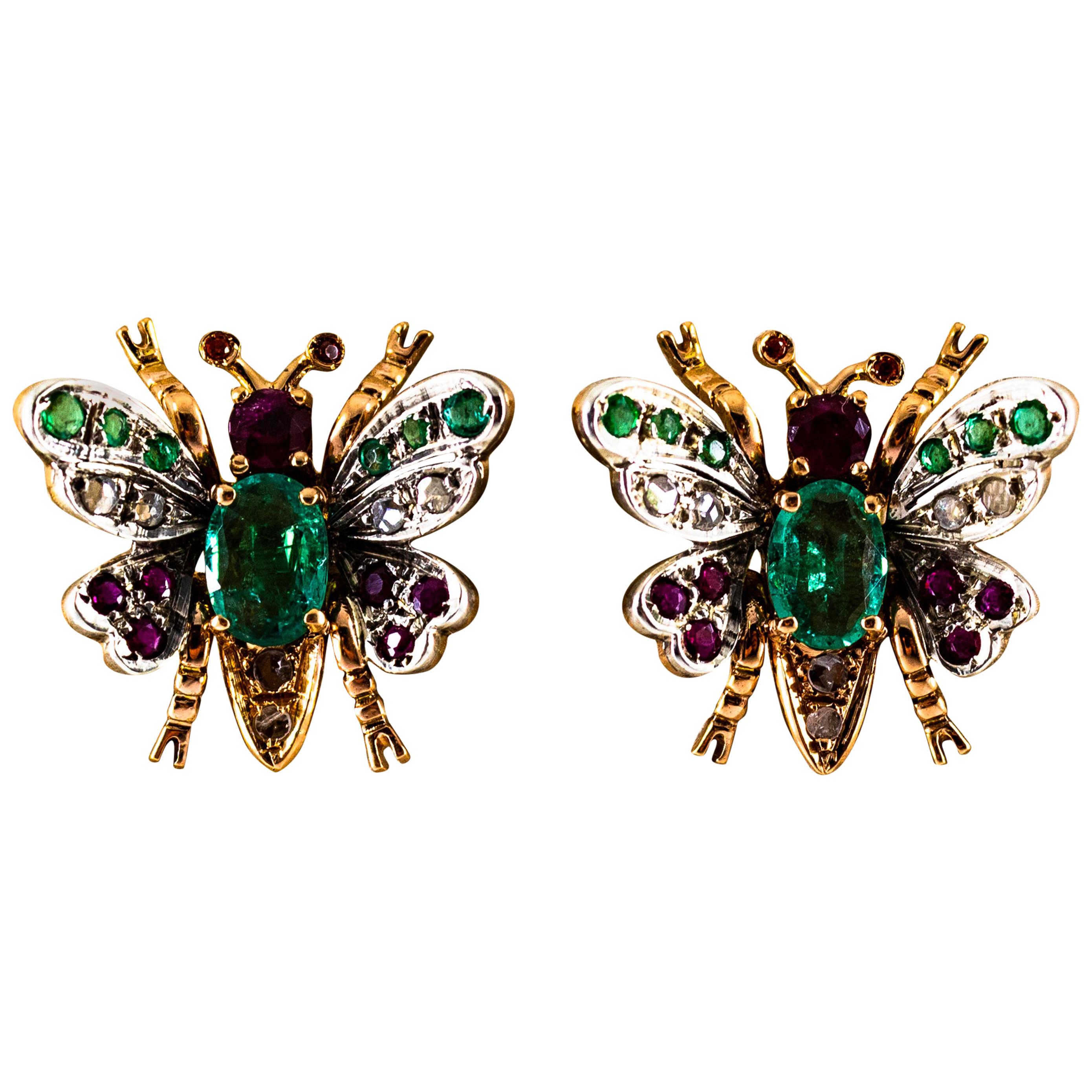 Art Nouveau Style White Diamond Emerald Ruby Yellow Gold Stud Earrings