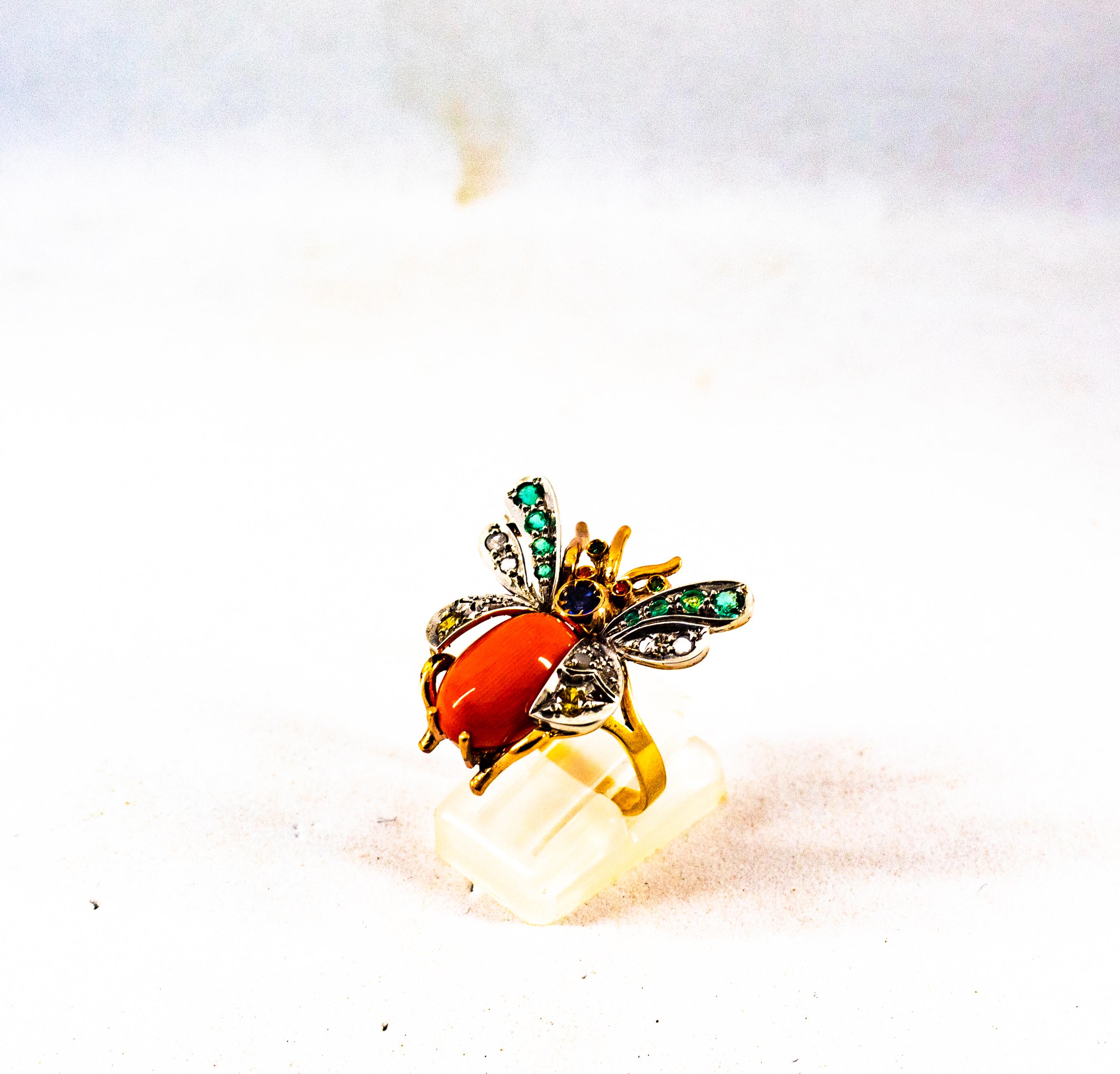 Women's or Men's Art Nouveau Style White Diamond Emerald Sapphire Coral Yellow Gold Cocktail Ring For Sale
