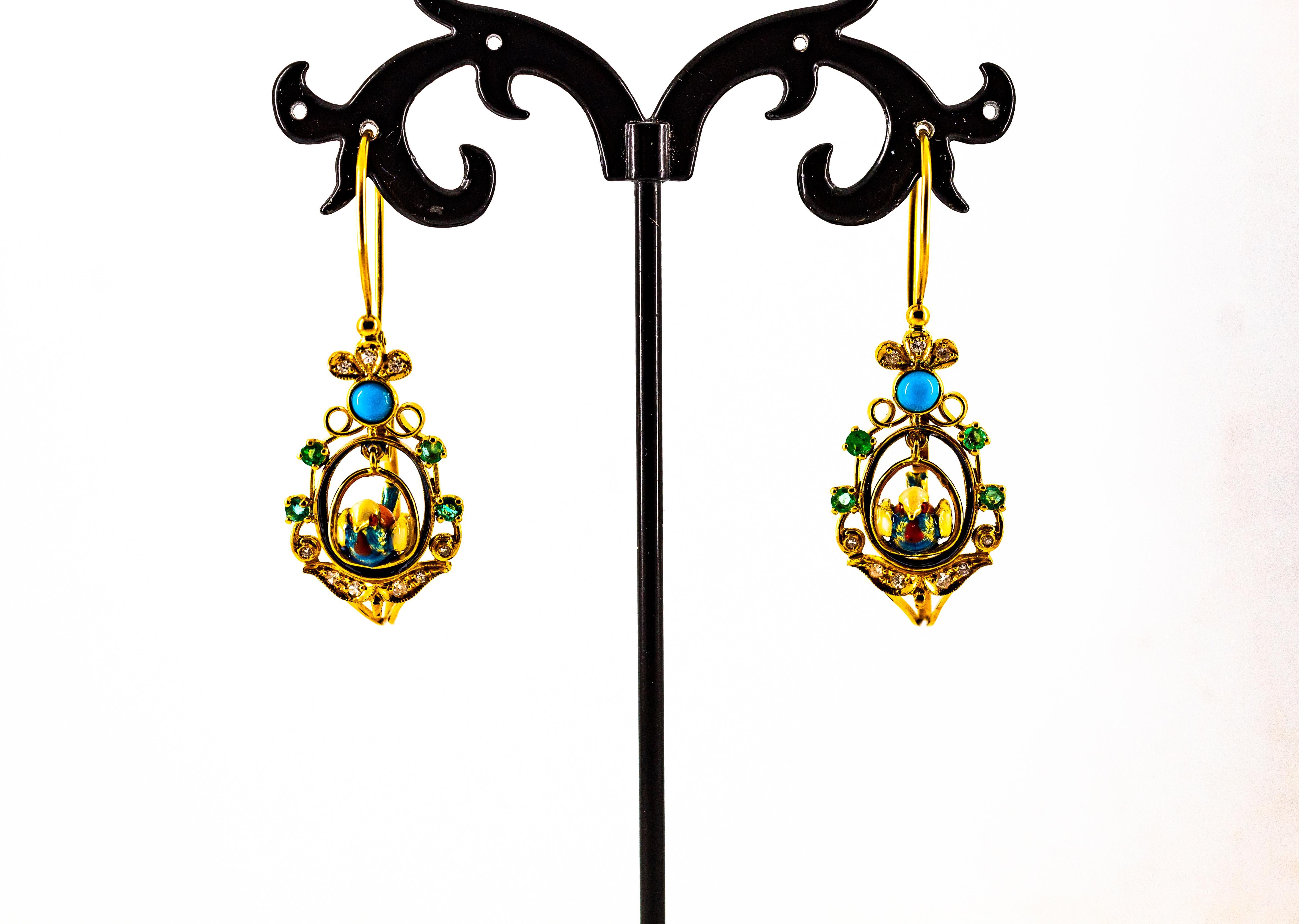 Art Nouveau Style White Diamond Emerald Turquoise Yellow Gold Drop Earrings For Sale 5