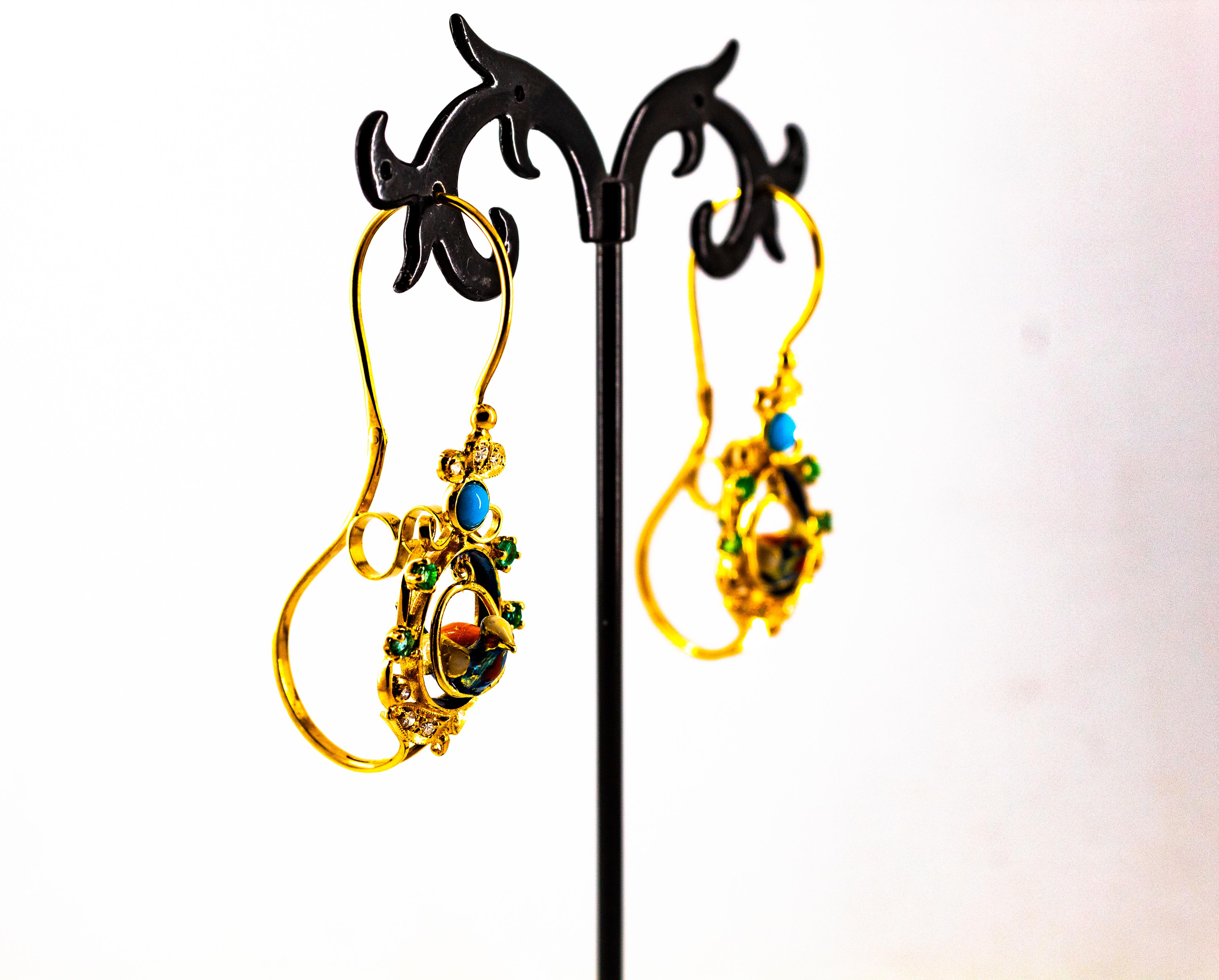 Art Nouveau Style White Diamond Emerald Turquoise Yellow Gold Drop Earrings For Sale 6