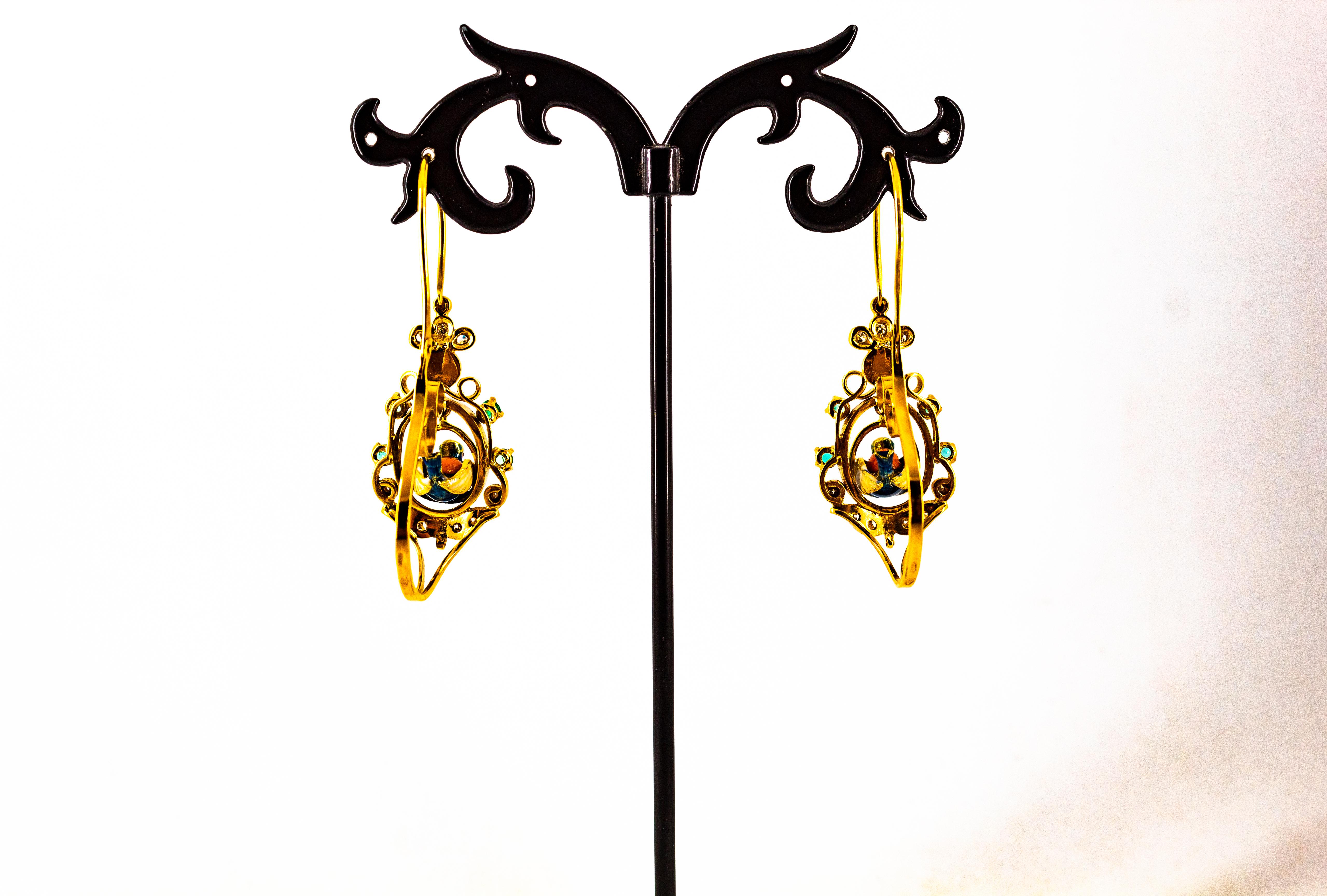 Art Nouveau Style White Diamond Emerald Turquoise Yellow Gold Drop Earrings For Sale 7