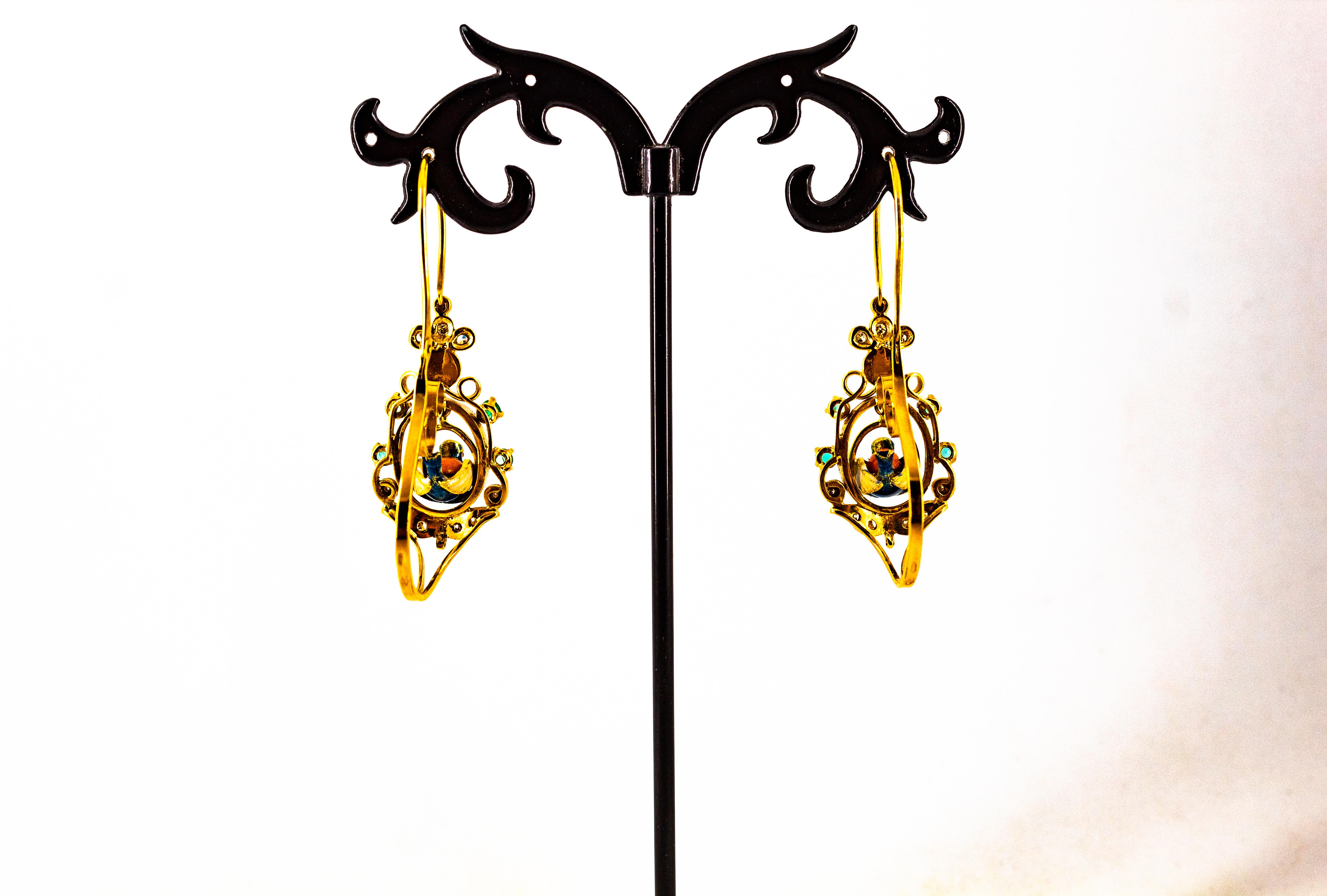 Boucles d'oreilles pendantes de style Art nouveau en or jaune avec diamant blanc, émeraude et turquoise en vente 7