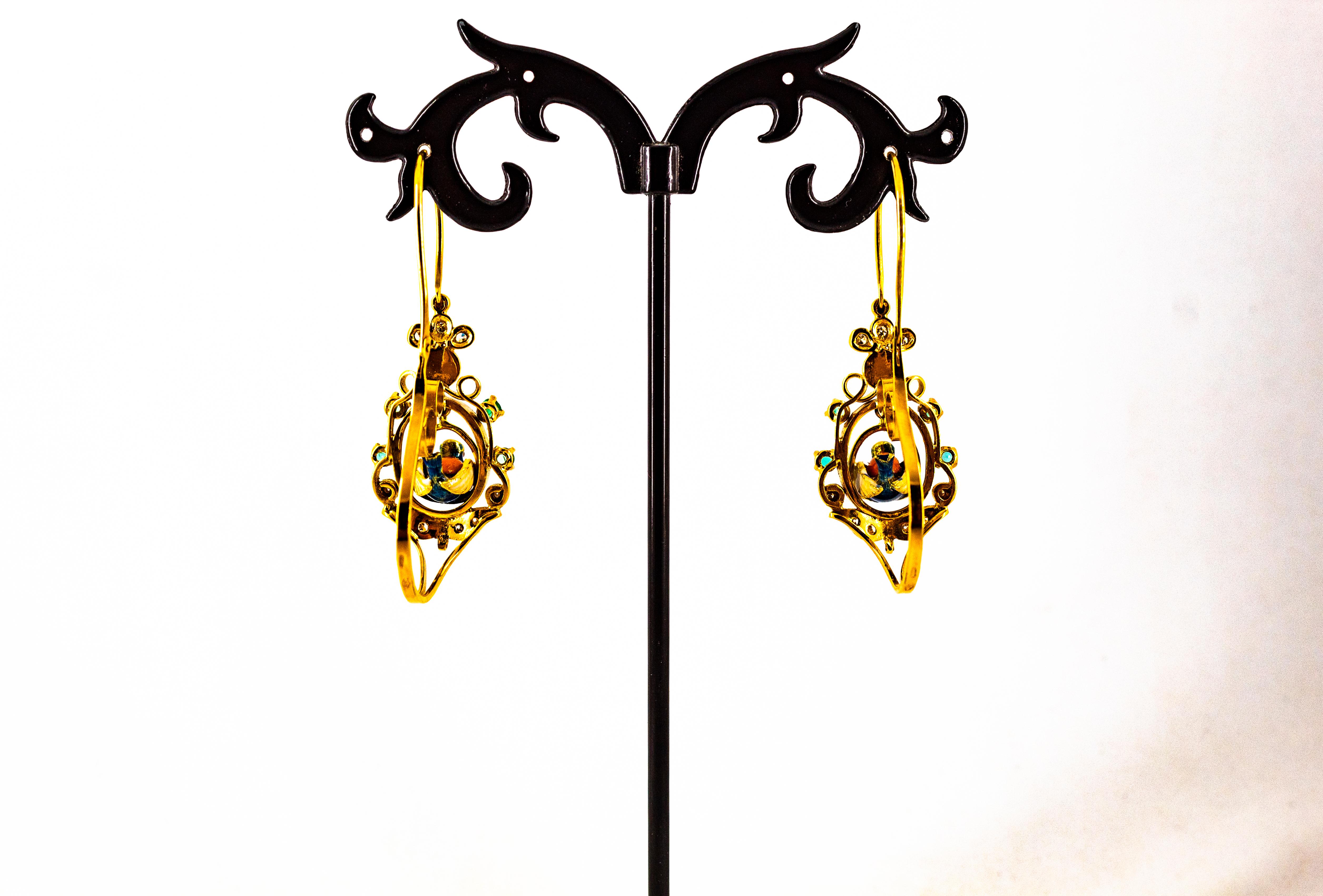 Art Nouveau Style White Diamond Emerald Turquoise Yellow Gold Drop Earrings For Sale 8