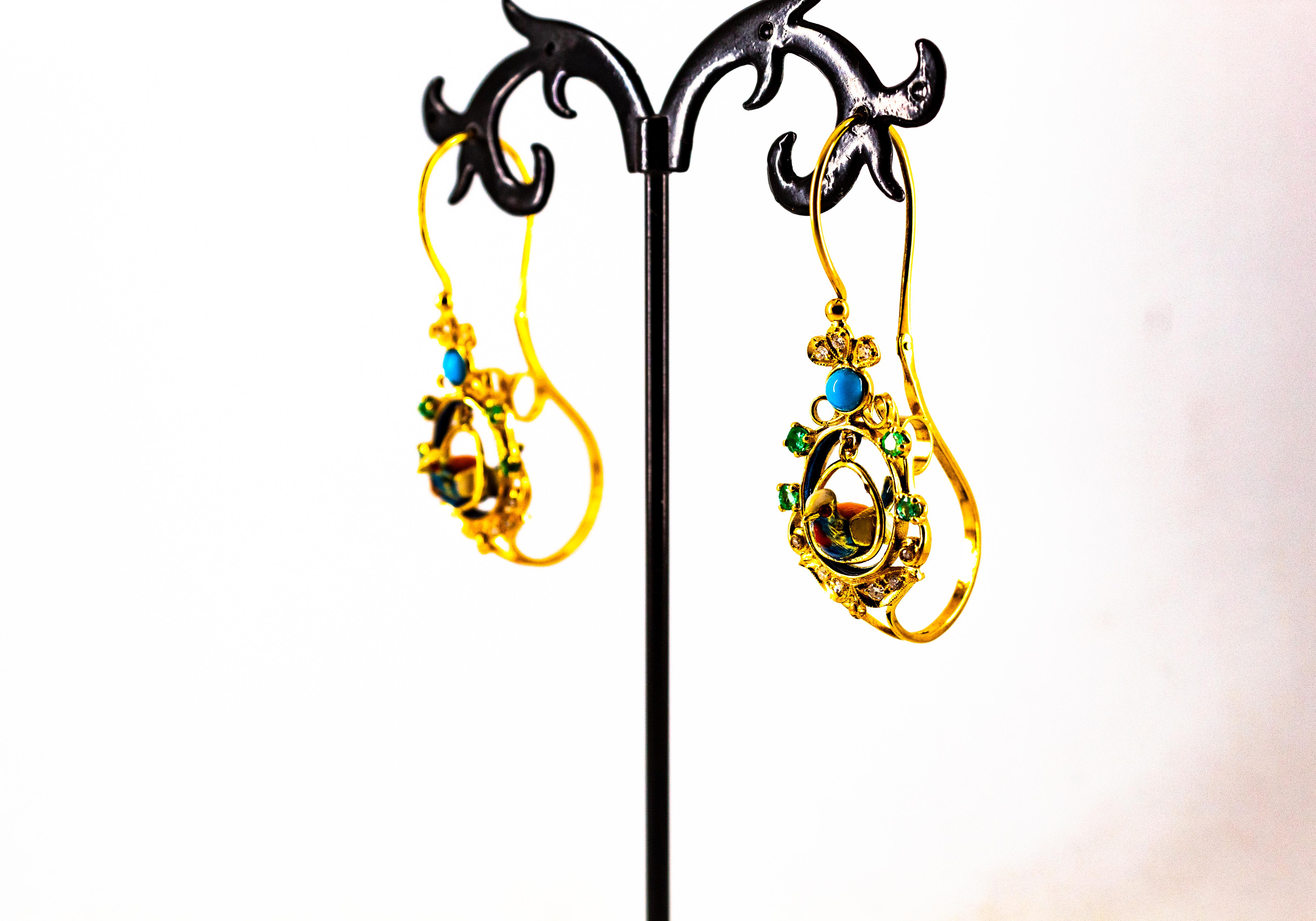 Art Nouveau Style White Diamond Emerald Turquoise Yellow Gold Drop Earrings For Sale 9