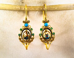 Art Nouveau Style White Diamond Emerald Turquoise Yellow Gold Drop Earrings