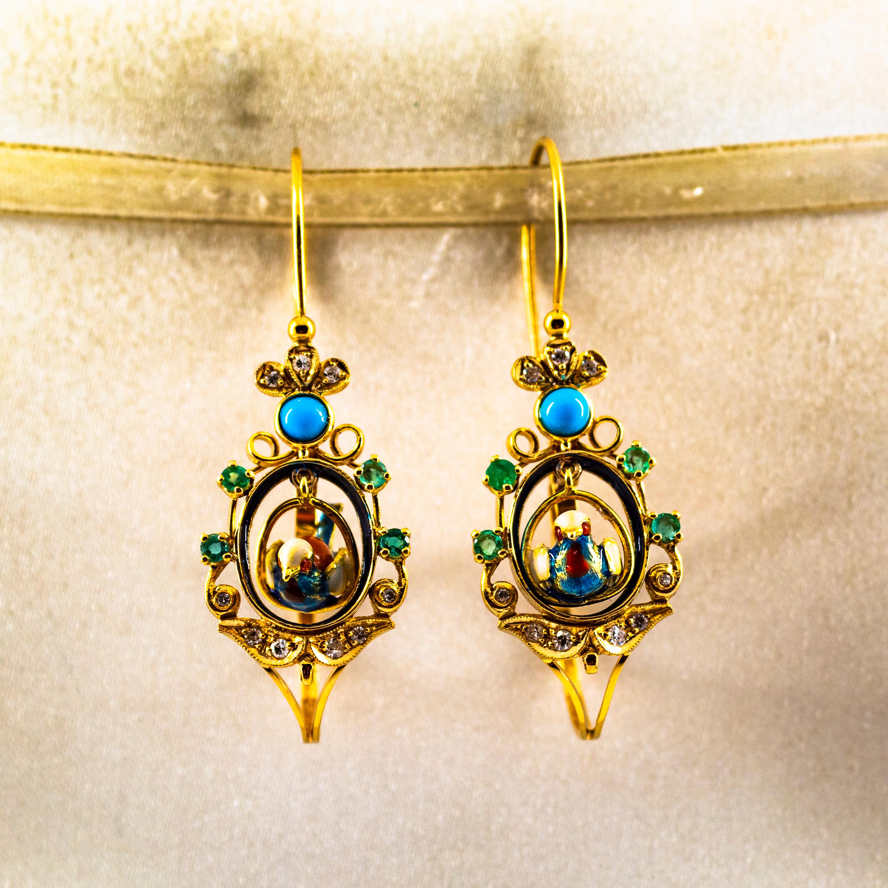 Brilliant Cut Art Nouveau Style White Diamond Emerald Turquoise Yellow Gold Drop Earrings