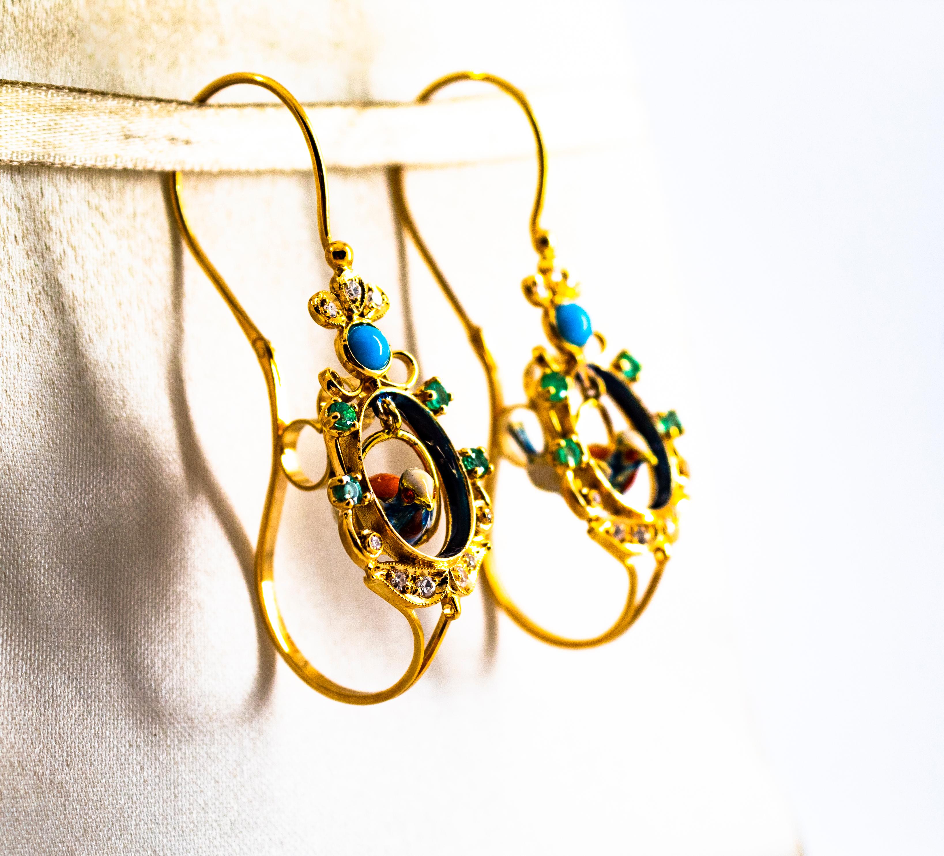 Art Nouveau Style White Diamond Emerald Turquoise Yellow Gold Drop Earrings In New Condition For Sale In Naples, IT