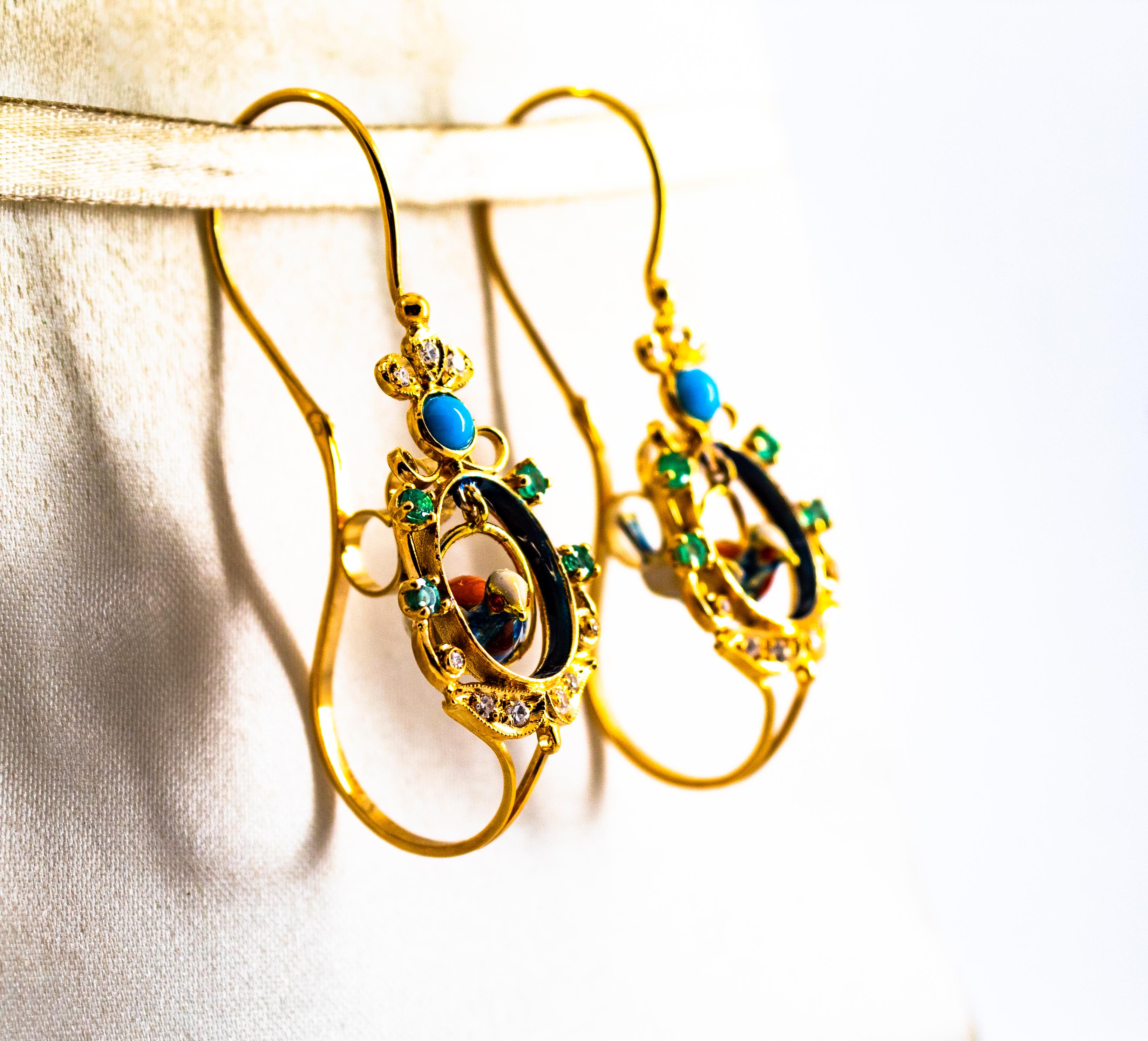 Orecchini a goccia in stile Art Nouveau in oro giallo con diamante bianco e smeraldo turchese In condizioni Nuovo in vendita a Naples, IT