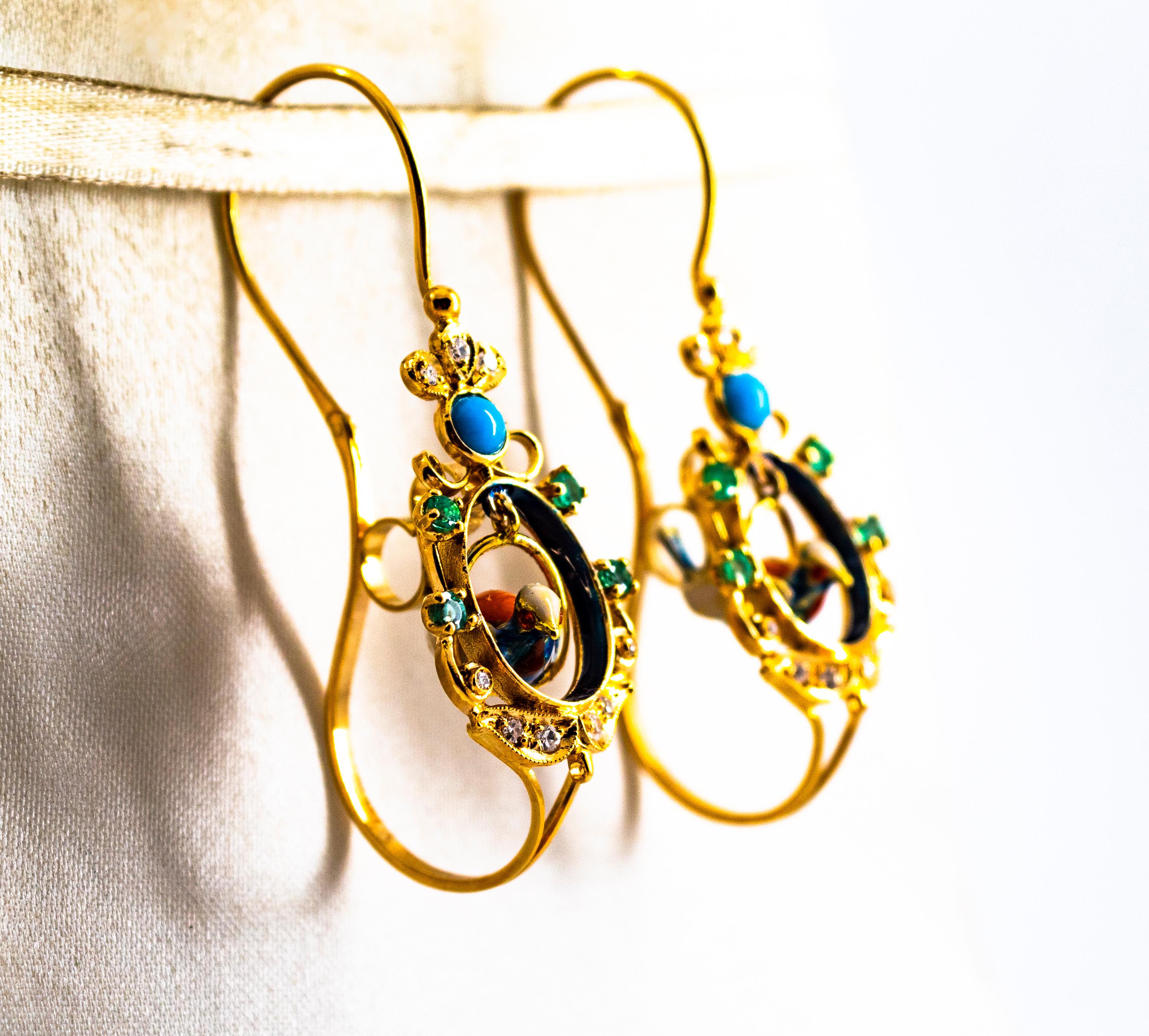 Women's or Men's Art Nouveau Style White Diamond Emerald Turquoise Yellow Gold Drop Earrings For Sale