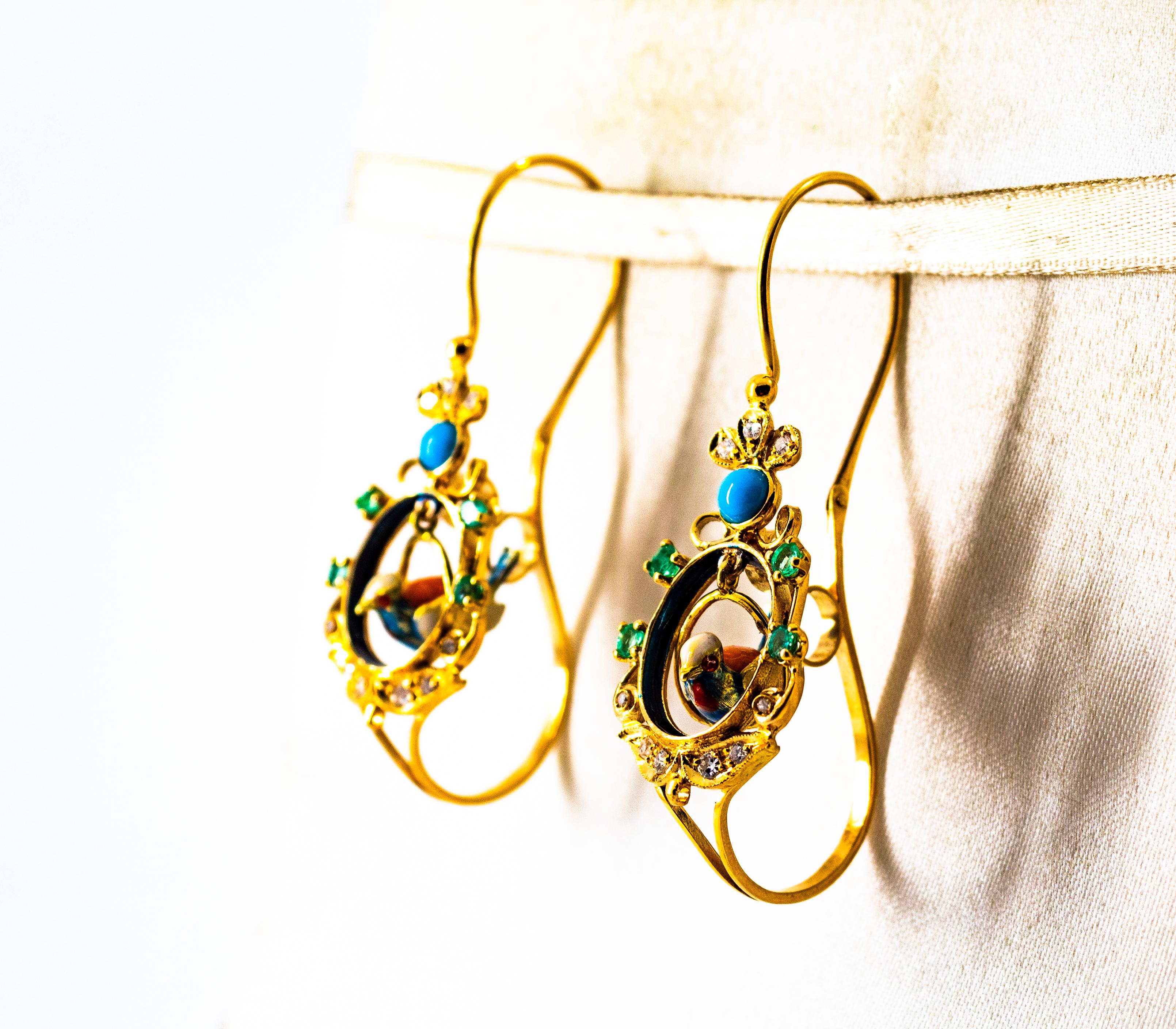 Art Nouveau Style White Diamond Emerald Turquoise Yellow Gold Drop Earrings For Sale 1
