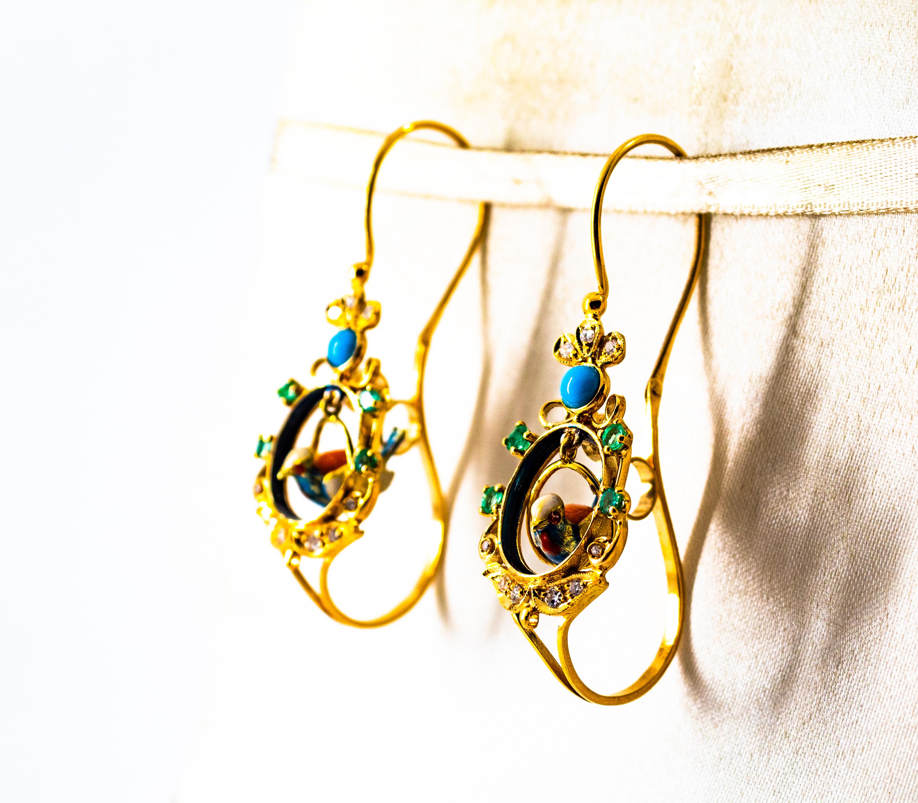 Orecchini a goccia in stile Art Nouveau in oro giallo con diamante bianco e smeraldo turchese in vendita 1