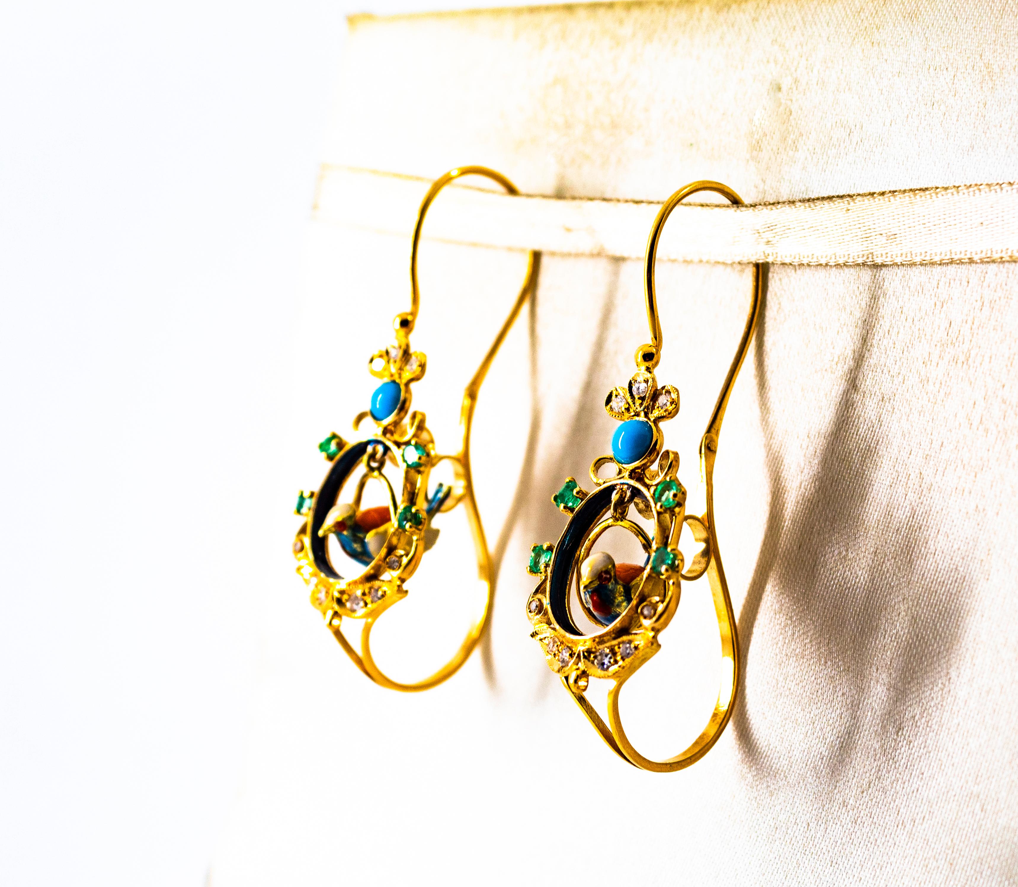 Art Nouveau Style White Diamond Emerald Turquoise Yellow Gold Drop Earrings For Sale 2
